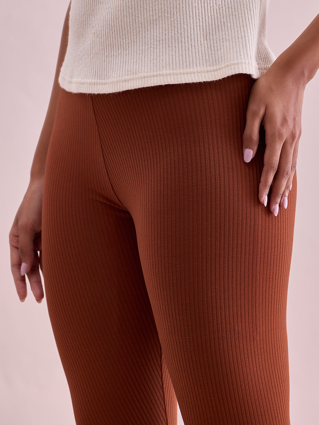 Dark Brown Drop Needle Fabric Rib Leggings