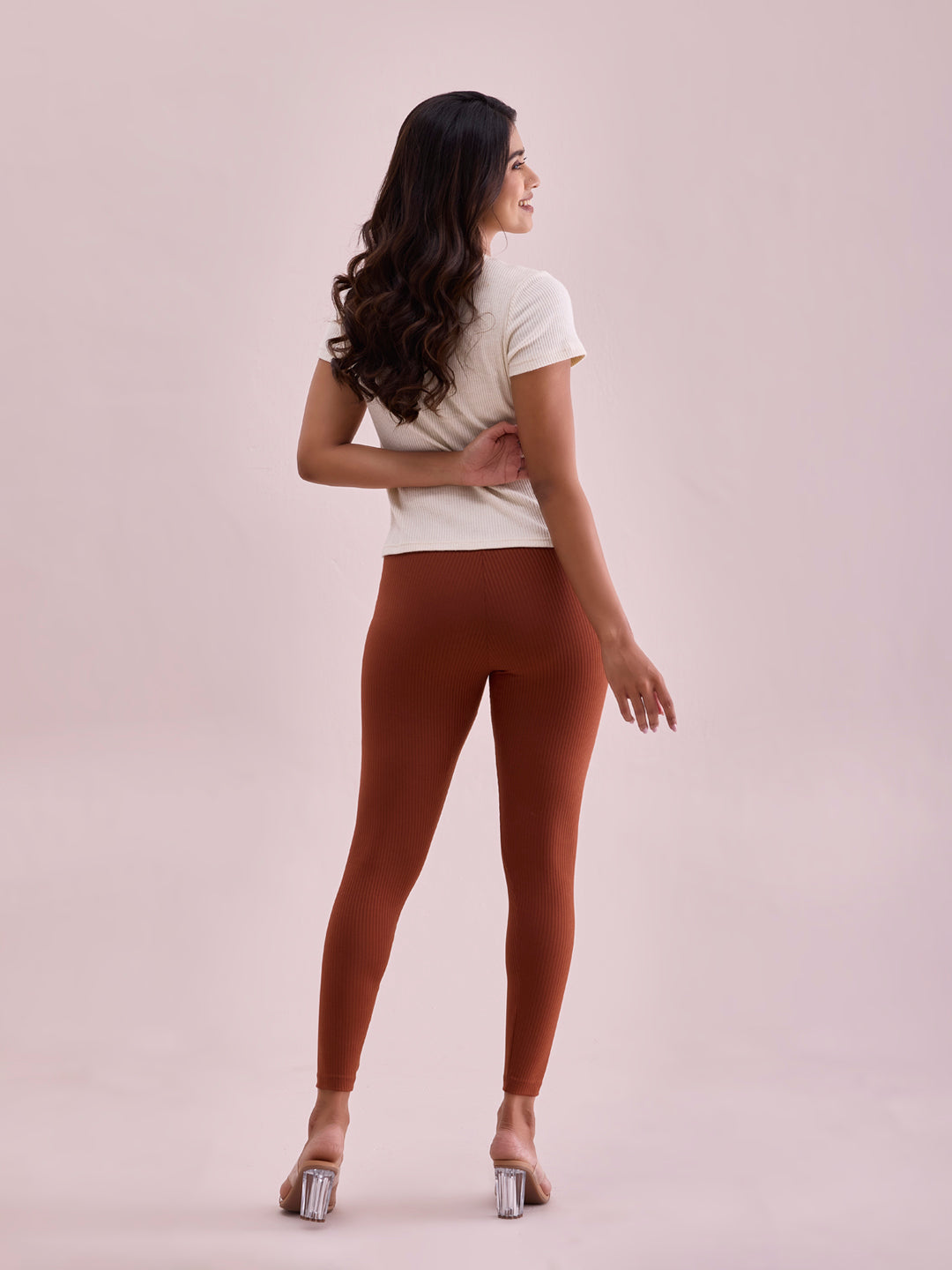 Dark Brown Drop Needle Fabric Rib Leggings