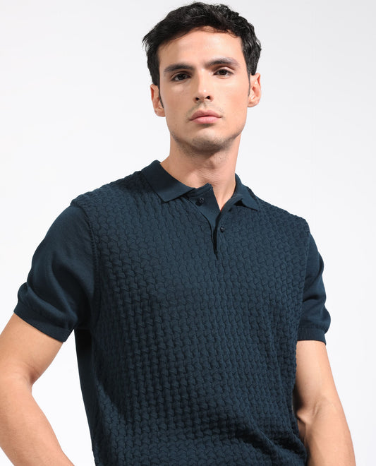 Rare Rabbit Men's Lincos Petrol Cotton Fabric Collared Neck Half Sleeves Textured Polo T-Shirt