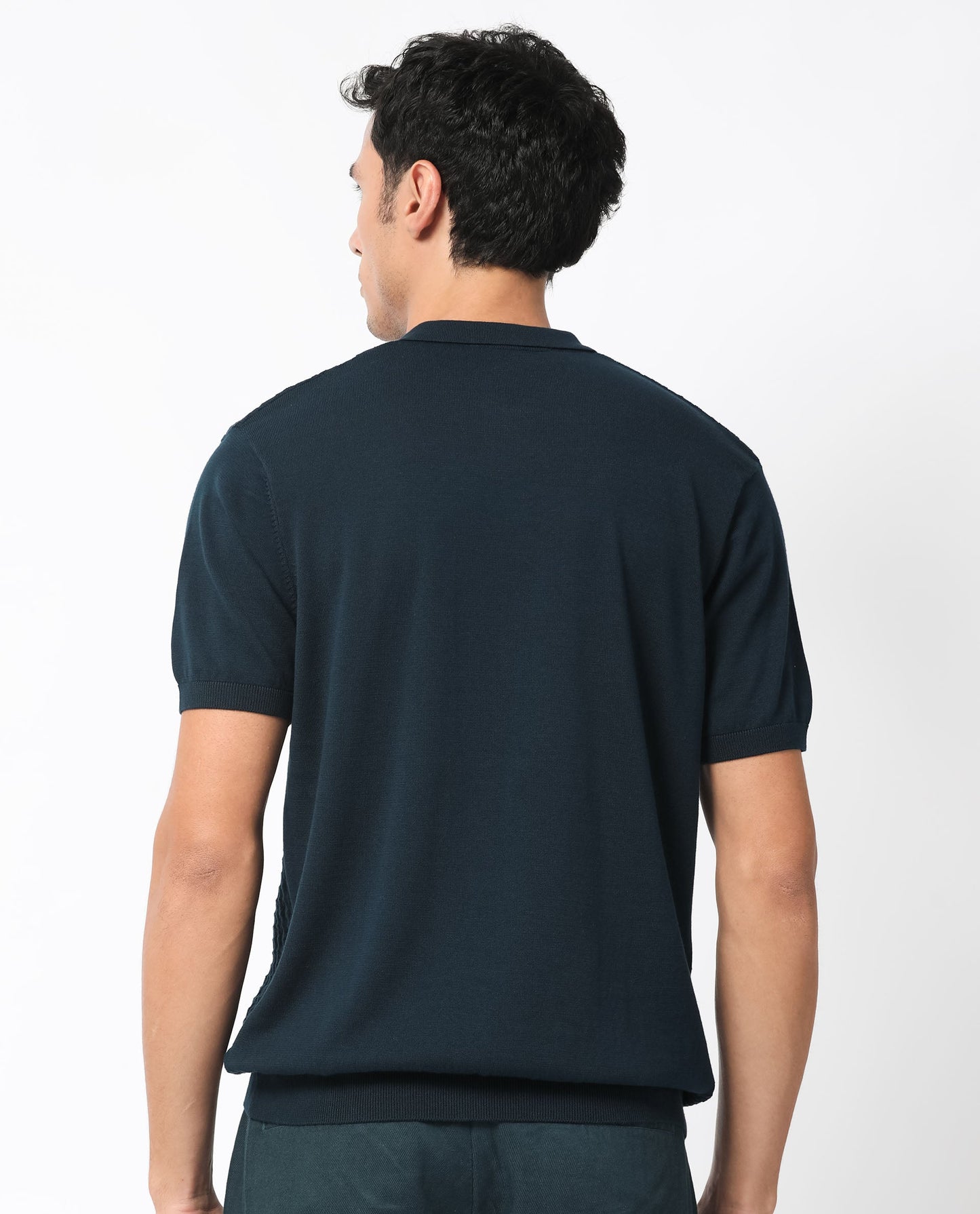 Rare Rabbit Men's Lincos Petrol Cotton Fabric Collared Neck Half Sleeves Textured Polo T-Shirt