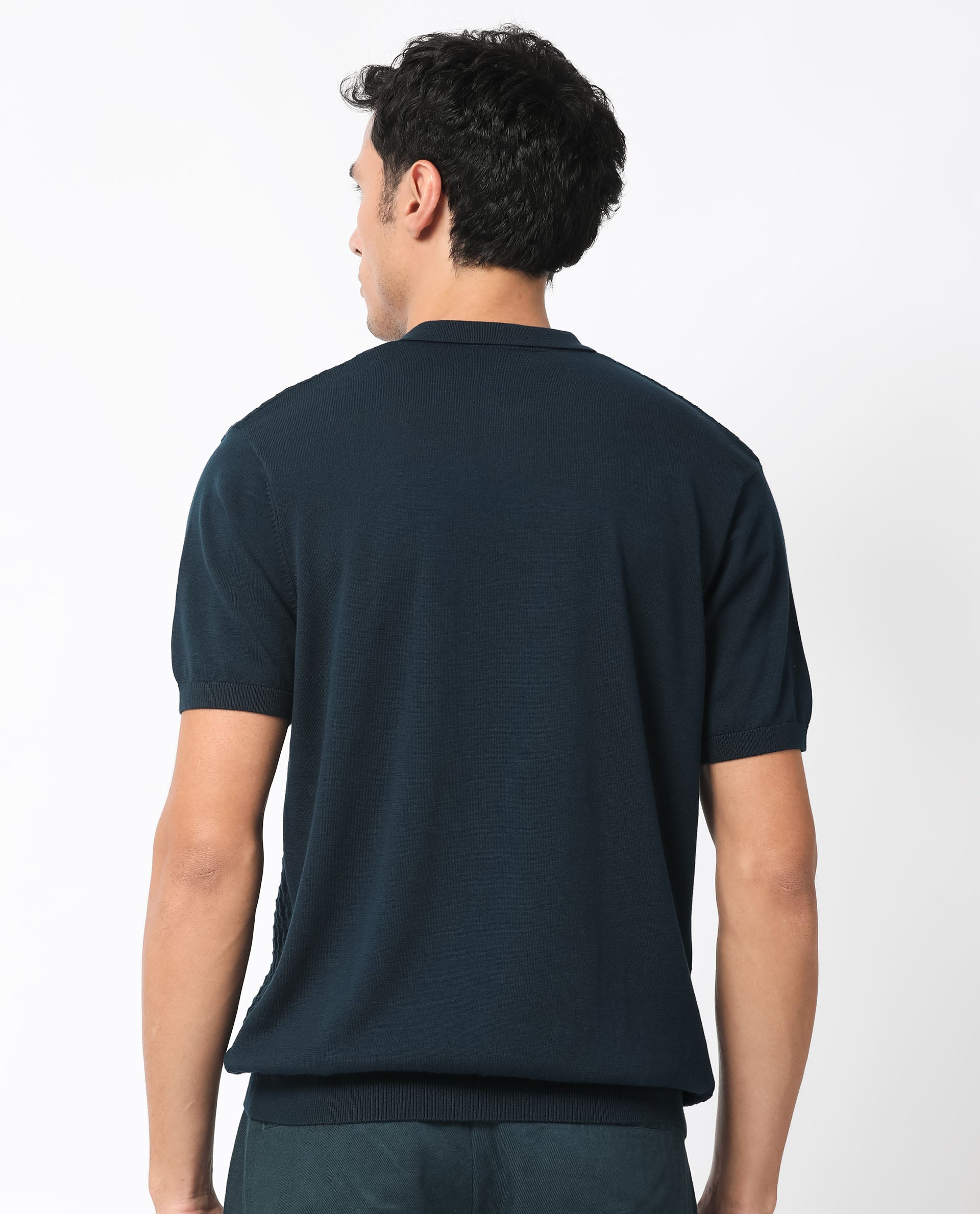 Rare Rabbit Men's Lincos Petrol Cotton Fabric Collared Neck Half Sleeves Textured Polo T-Shirt