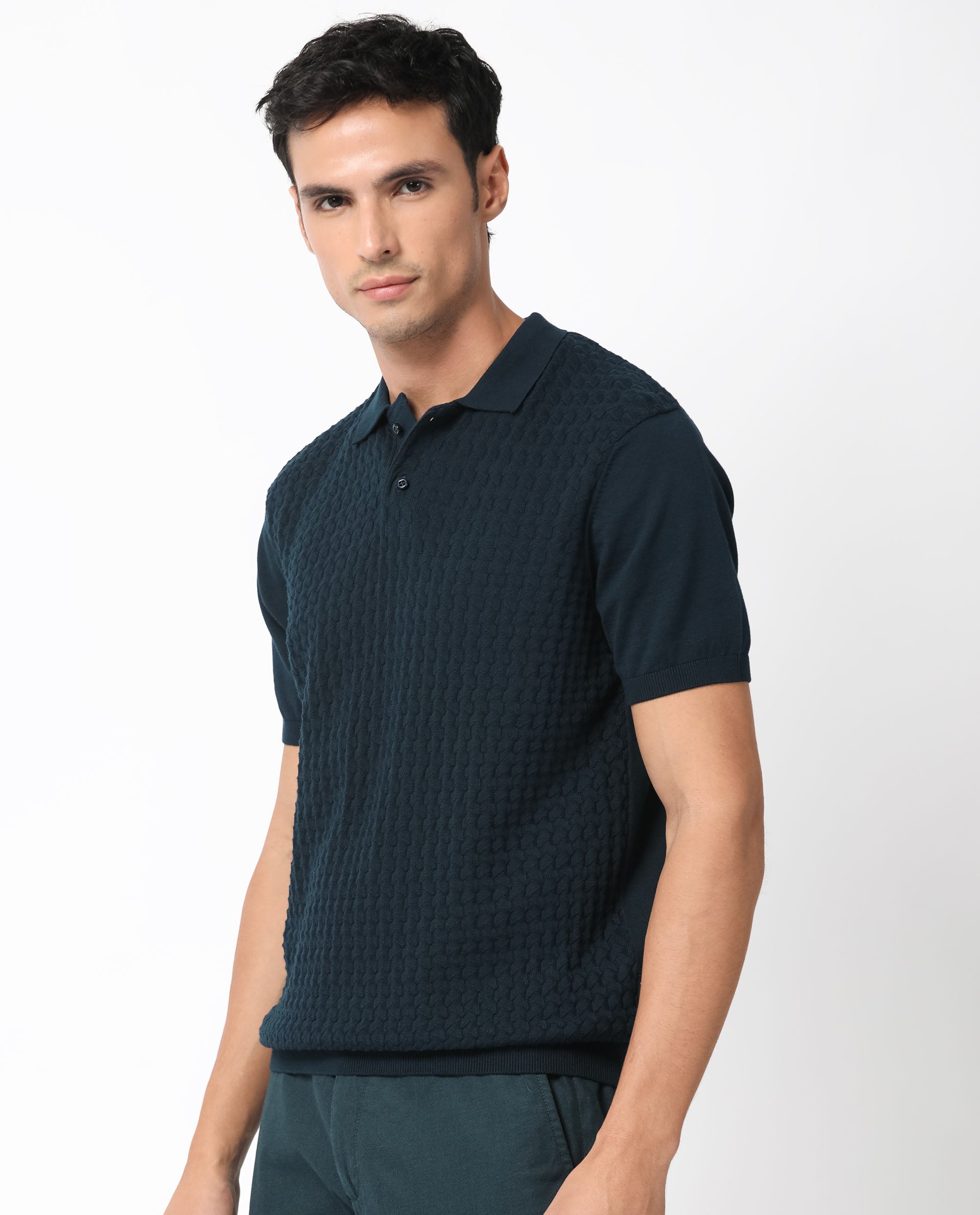Rare Rabbit Men's Lincos Petrol Cotton Fabric Collared Neck Half Sleeves Textured Polo T-Shirt