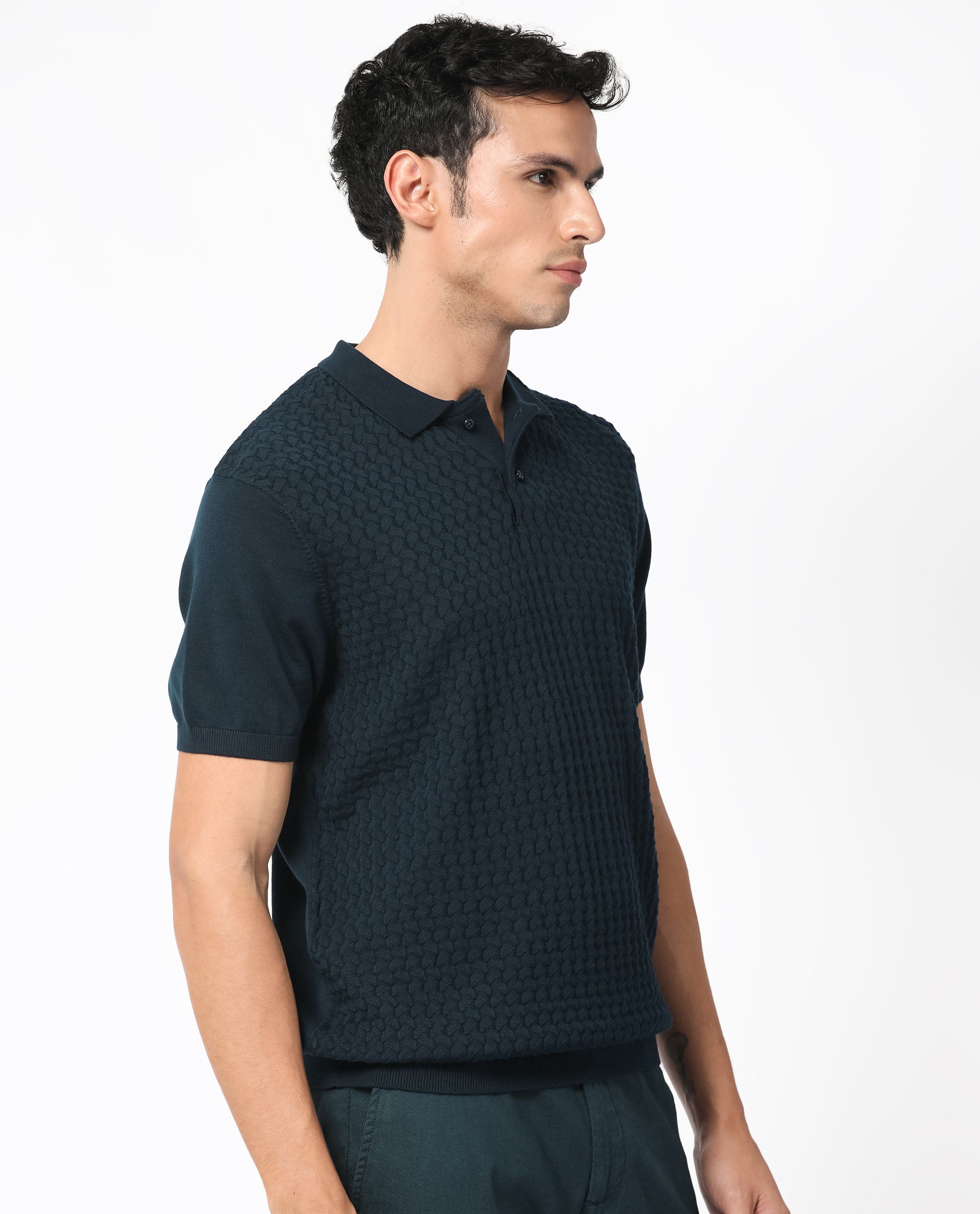 Rare Rabbit Men's Lincos Petrol Cotton Fabric Collared Neck Half Sleeves Textured Polo T-Shirt