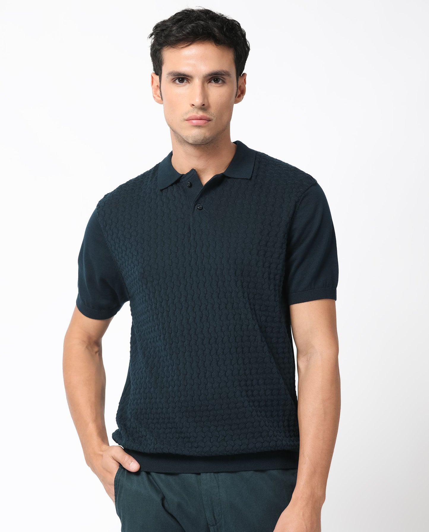 Rare Rabbit Men's Lincos Petrol Cotton Fabric Collared Neck Half Sleeves Textured Polo T-Shirt