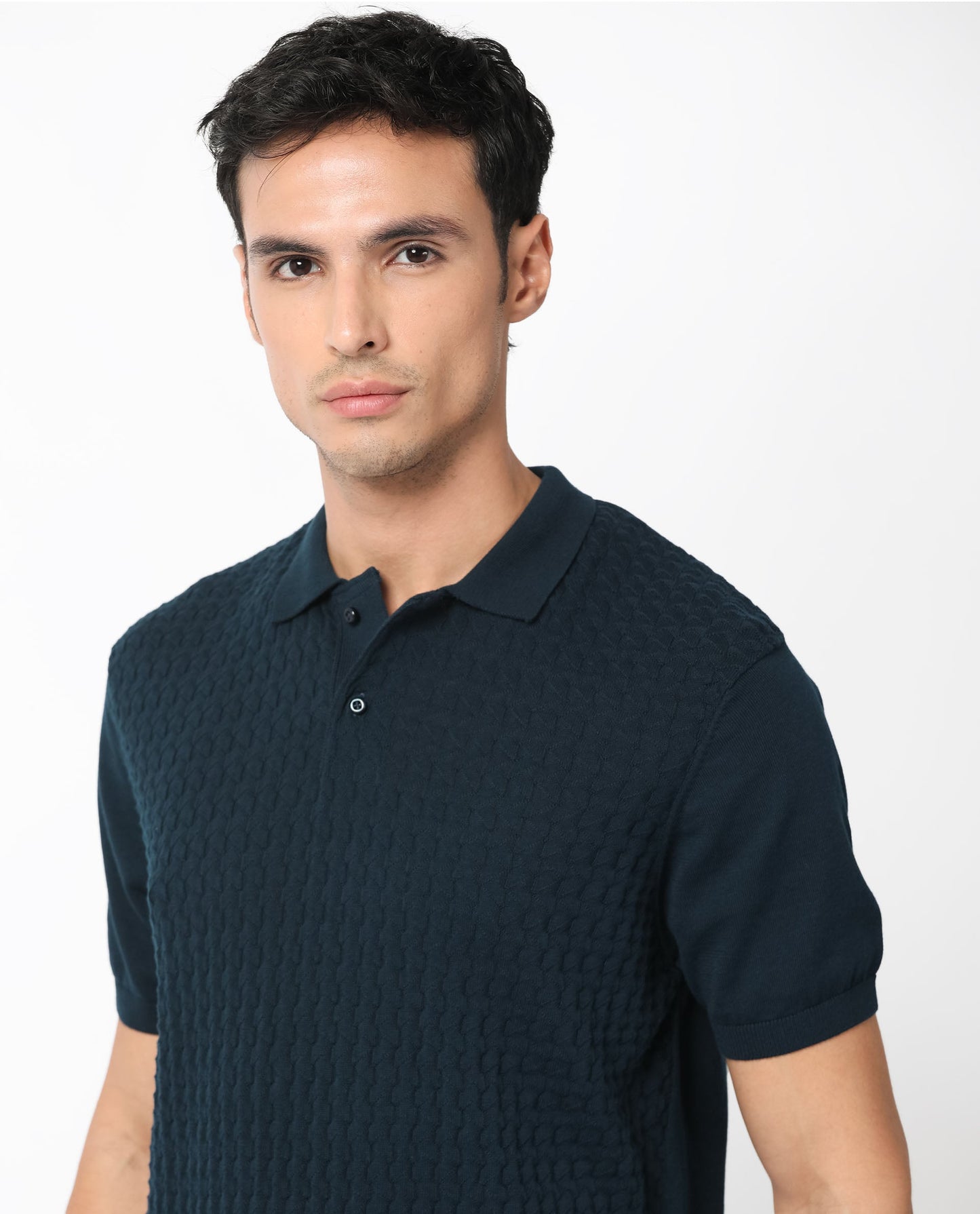 Rare Rabbit Men's Lincos Petrol Cotton Fabric Collared Neck Half Sleeves Textured Polo T-Shirt