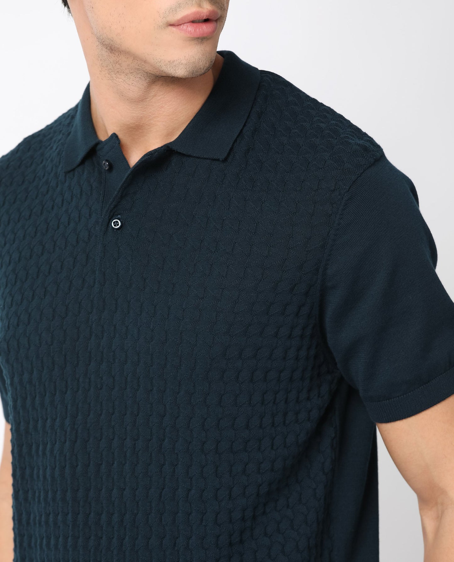 Rare Rabbit Men's Lincos Petrol Cotton Fabric Collared Neck Half Sleeves Textured Polo T-Shirt