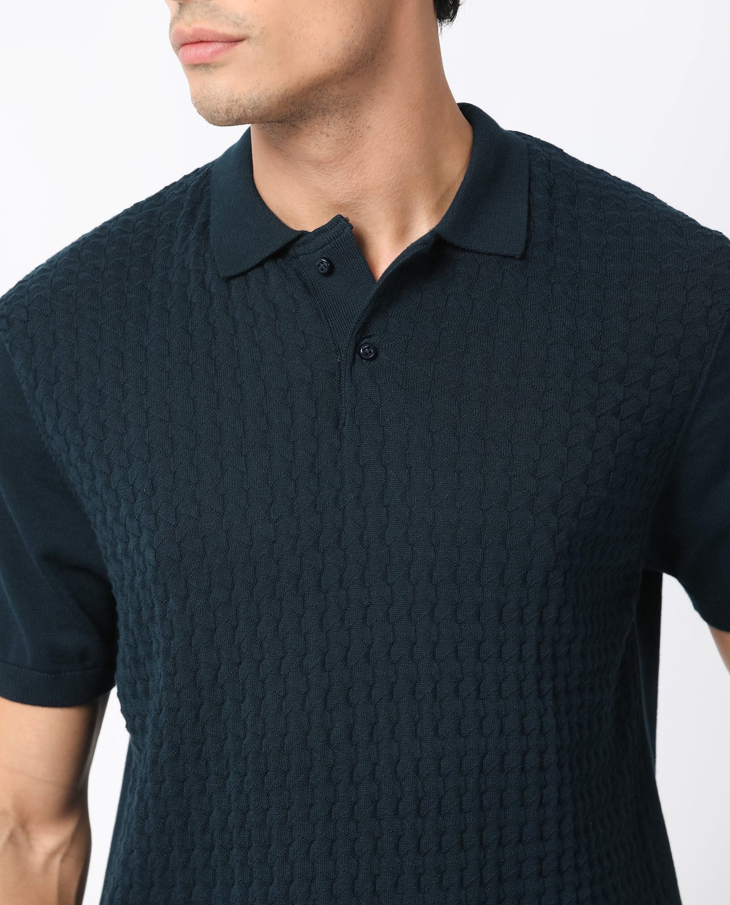 Rare Rabbit Men's Lincos Petrol Cotton Fabric Collared Neck Half Sleeves Textured Polo T-Shirt