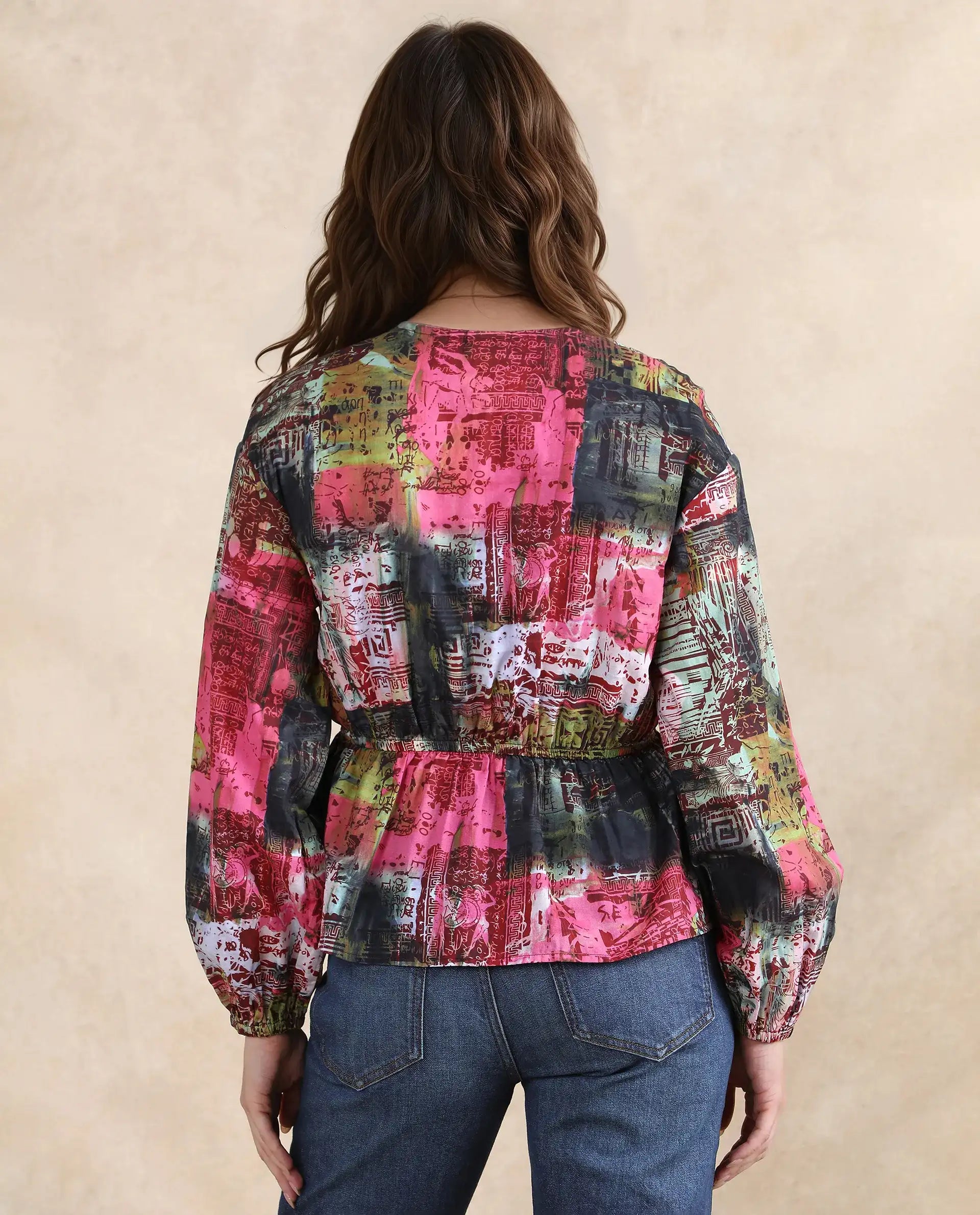 Rareism Women Lobbc Multi Bishop Sleeve V-Neck Button Closure Fit And Flare Abstract Print Top