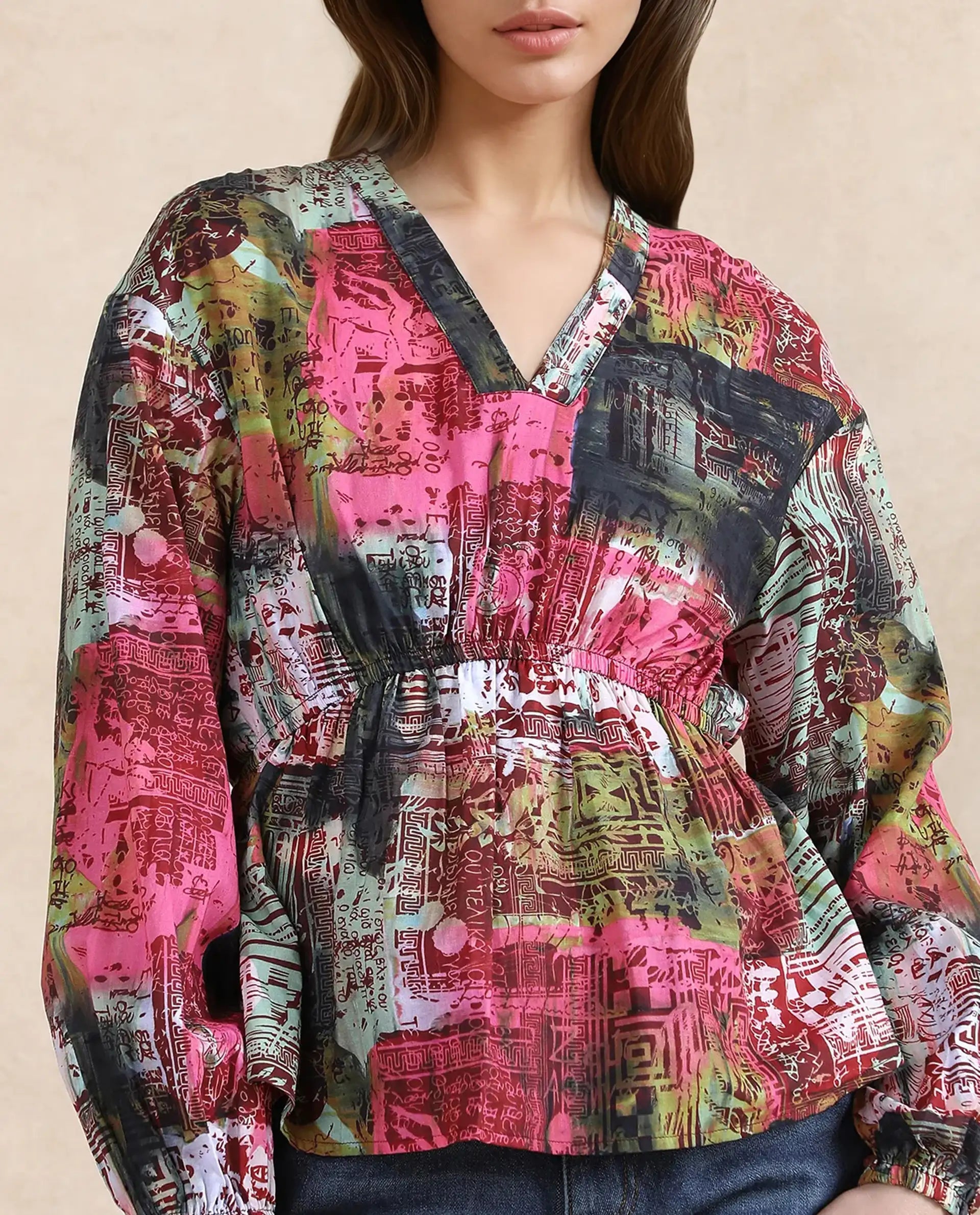 Rareism Women Lobbc Multi Bishop Sleeve V-Neck Button Closure Fit And Flare Abstract Print Top