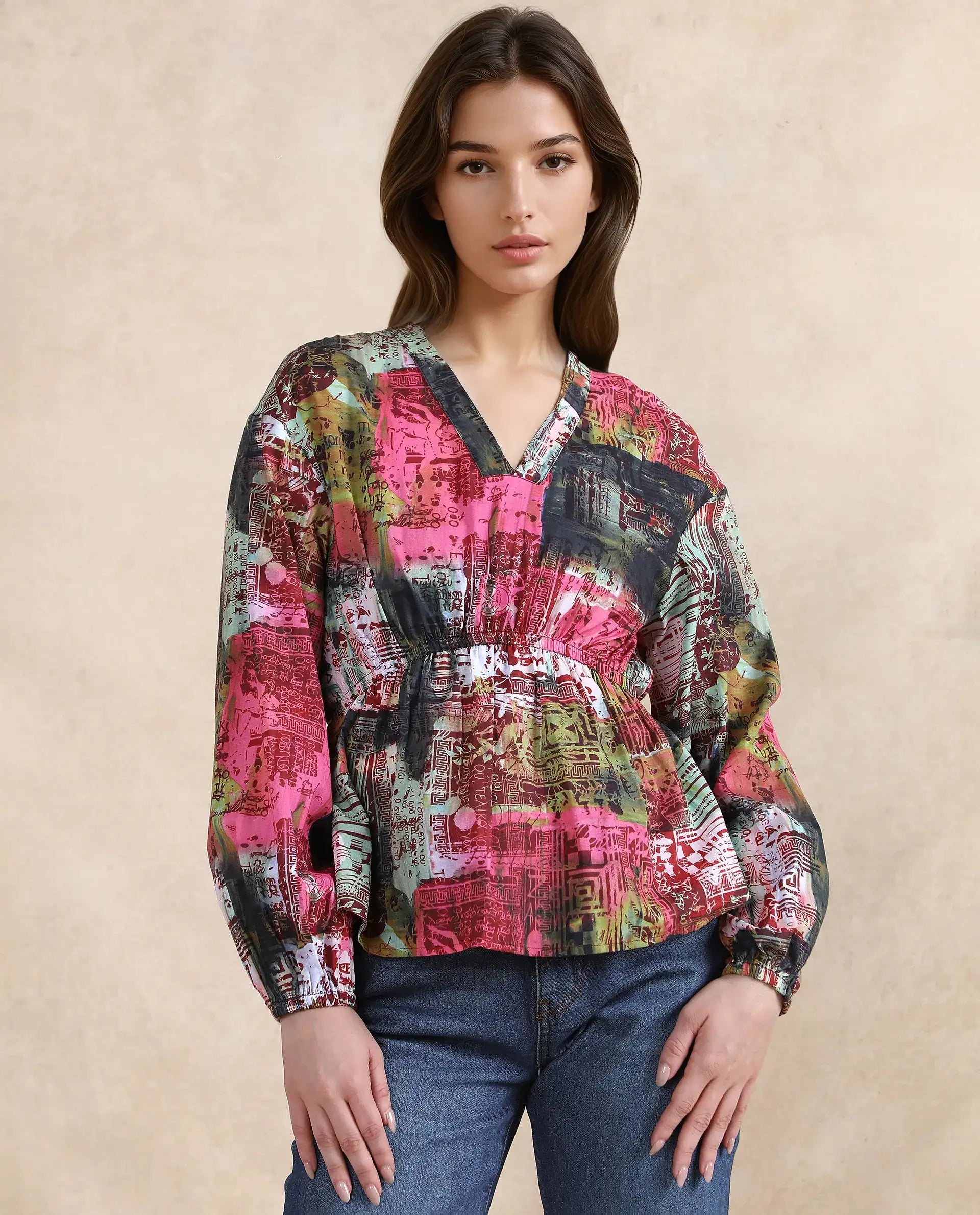 Rareism Women Lobbc Multi Bishop Sleeve V-Neck Button Closure Fit And Flare Abstract Print Top