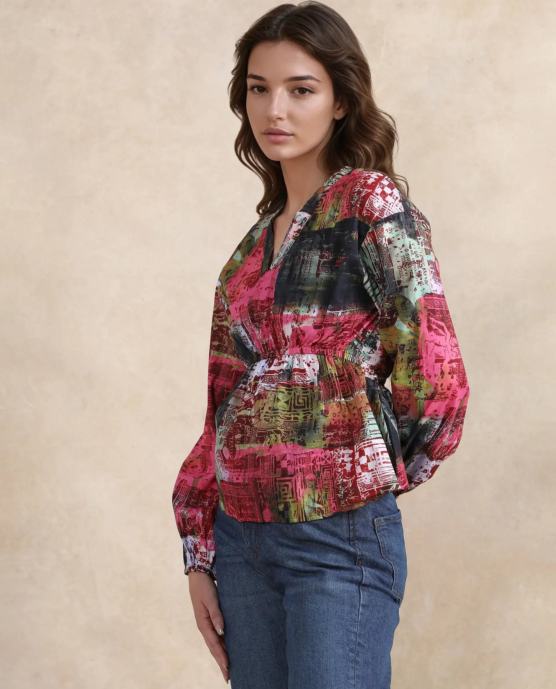 Rareism Women Lobbc Multi Bishop Sleeve V-Neck Button Closure Fit And Flare Abstract Print Top