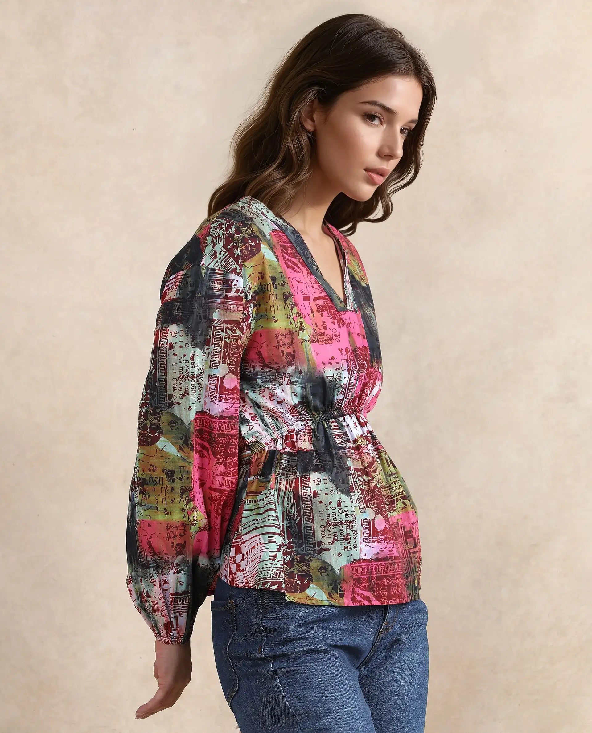 Rareism Women Lobbc Multi Bishop Sleeve V-Neck Button Closure Fit And Flare Abstract Print Top