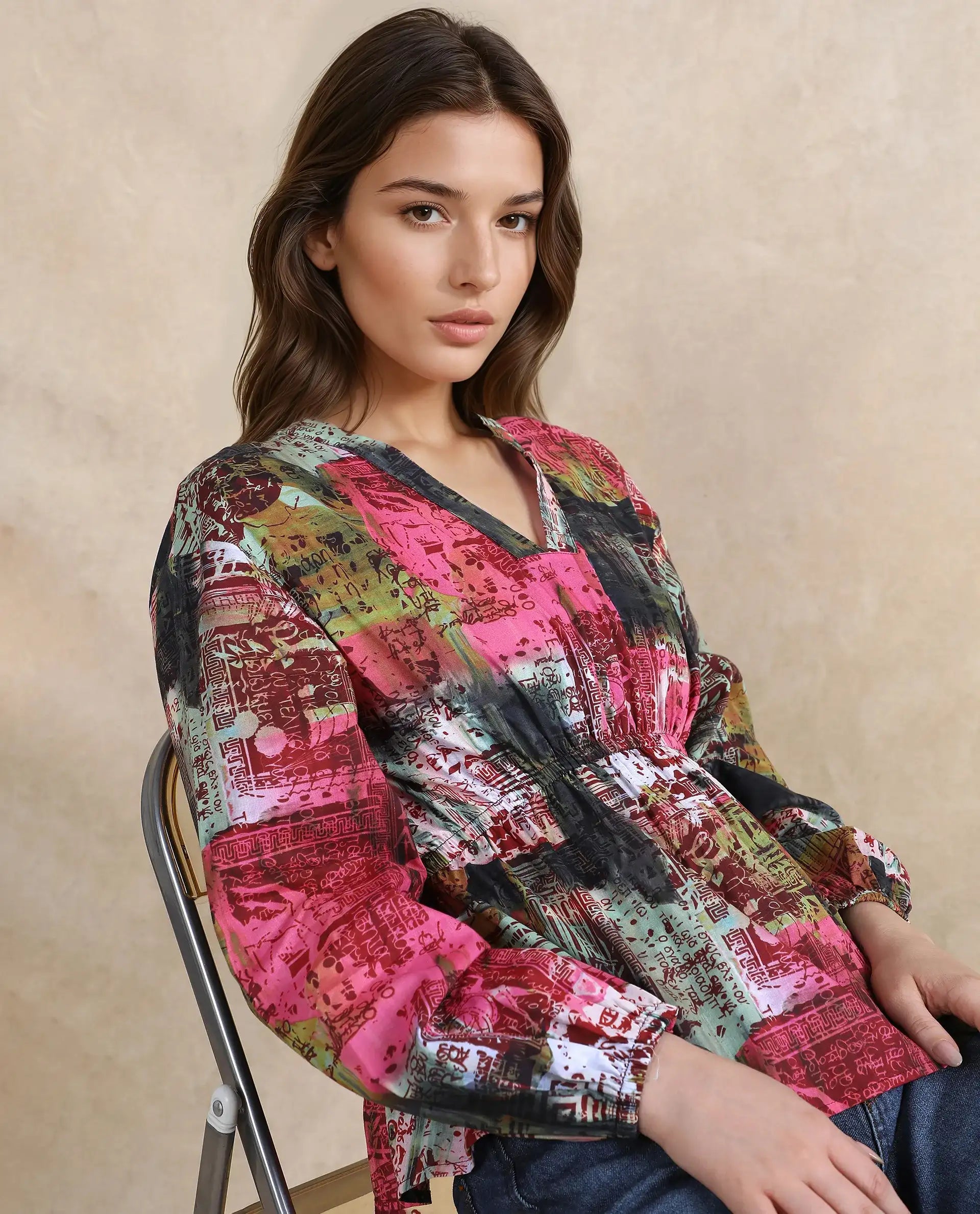 Rareism Women Lobbc Multi Bishop Sleeve V-Neck Button Closure Fit And Flare Abstract Print Top