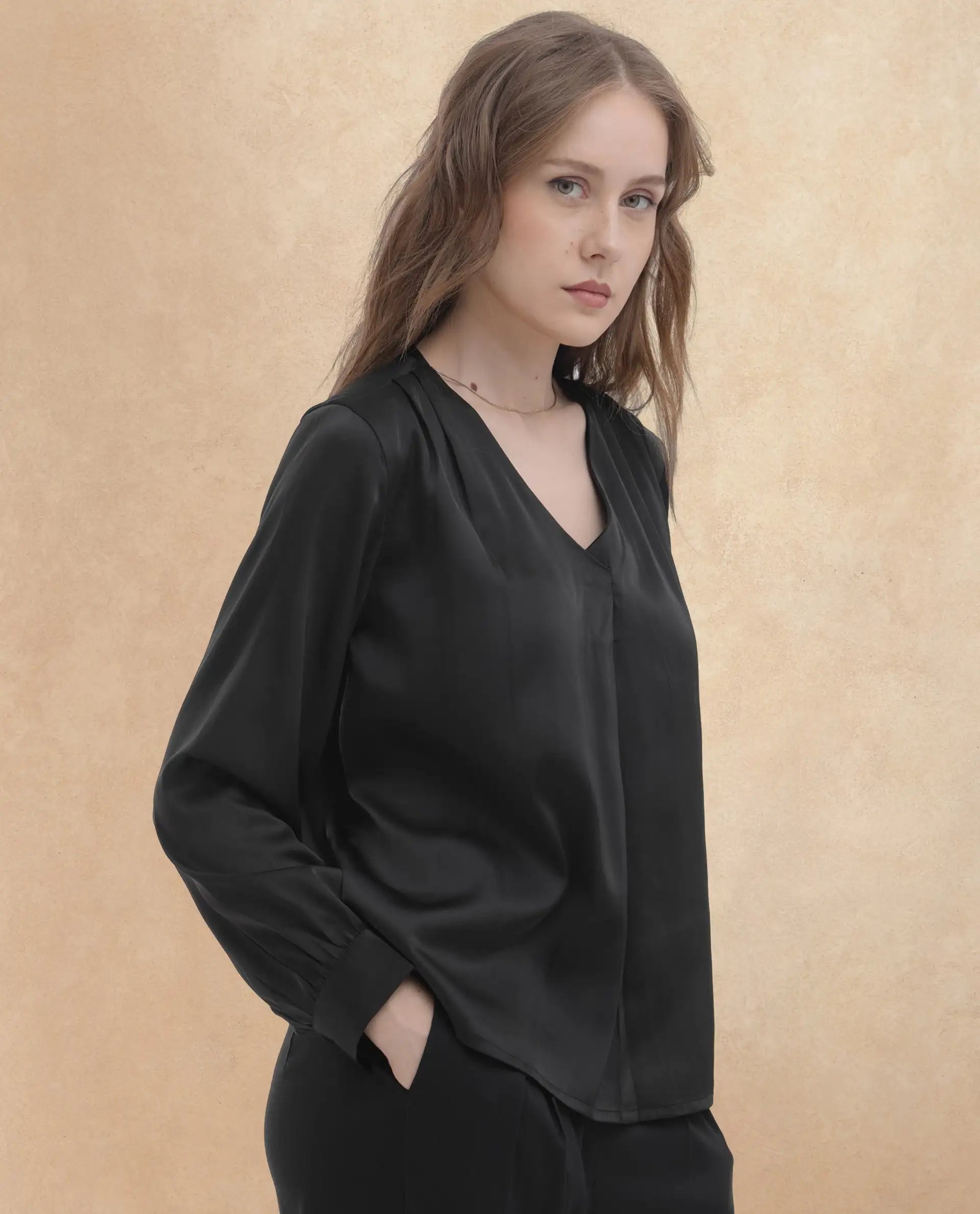 Rareism Women Lohan Black Polyester Fabric Full Sleeve V-Neck Solid Regular Length Top