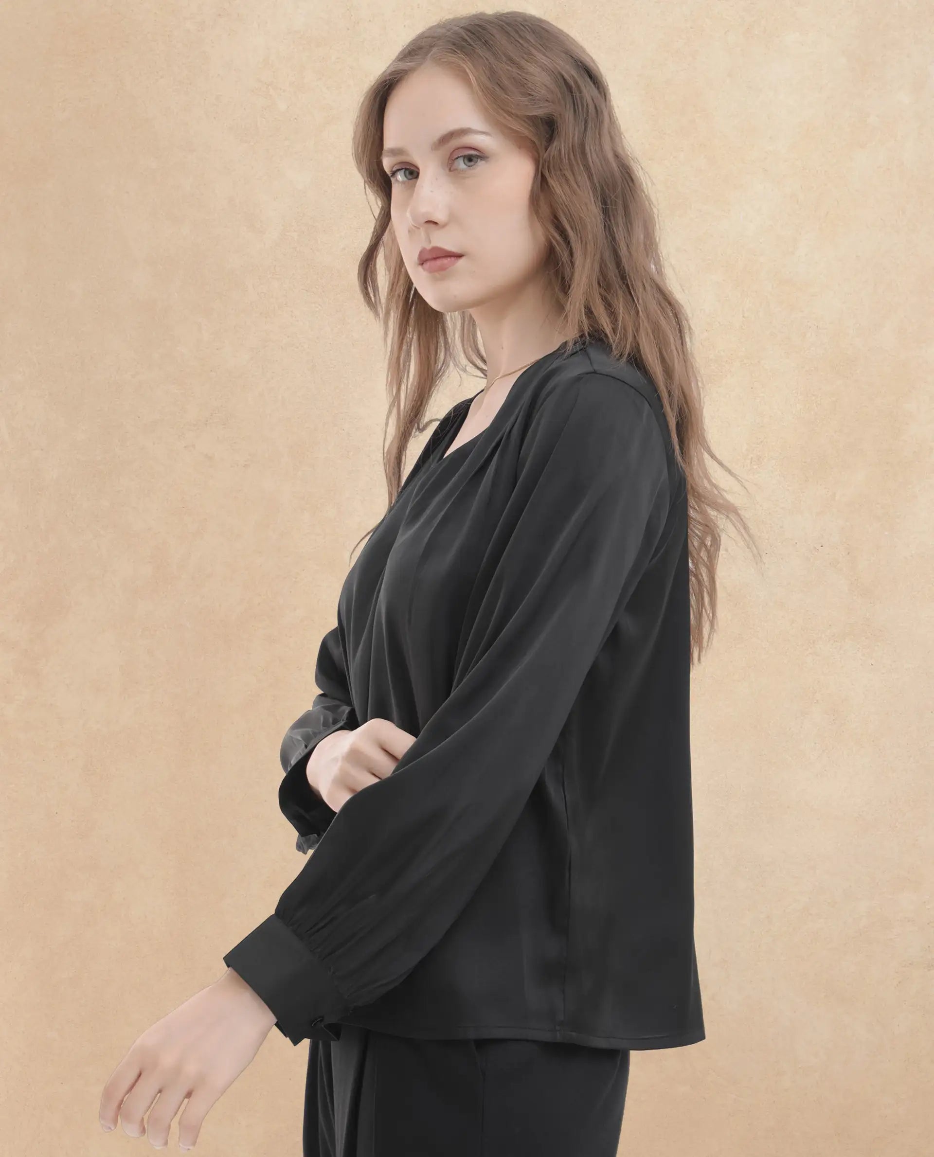 Rareism Women Lohan Black Polyester Fabric Full Sleeve V-Neck Solid Regular Length Top