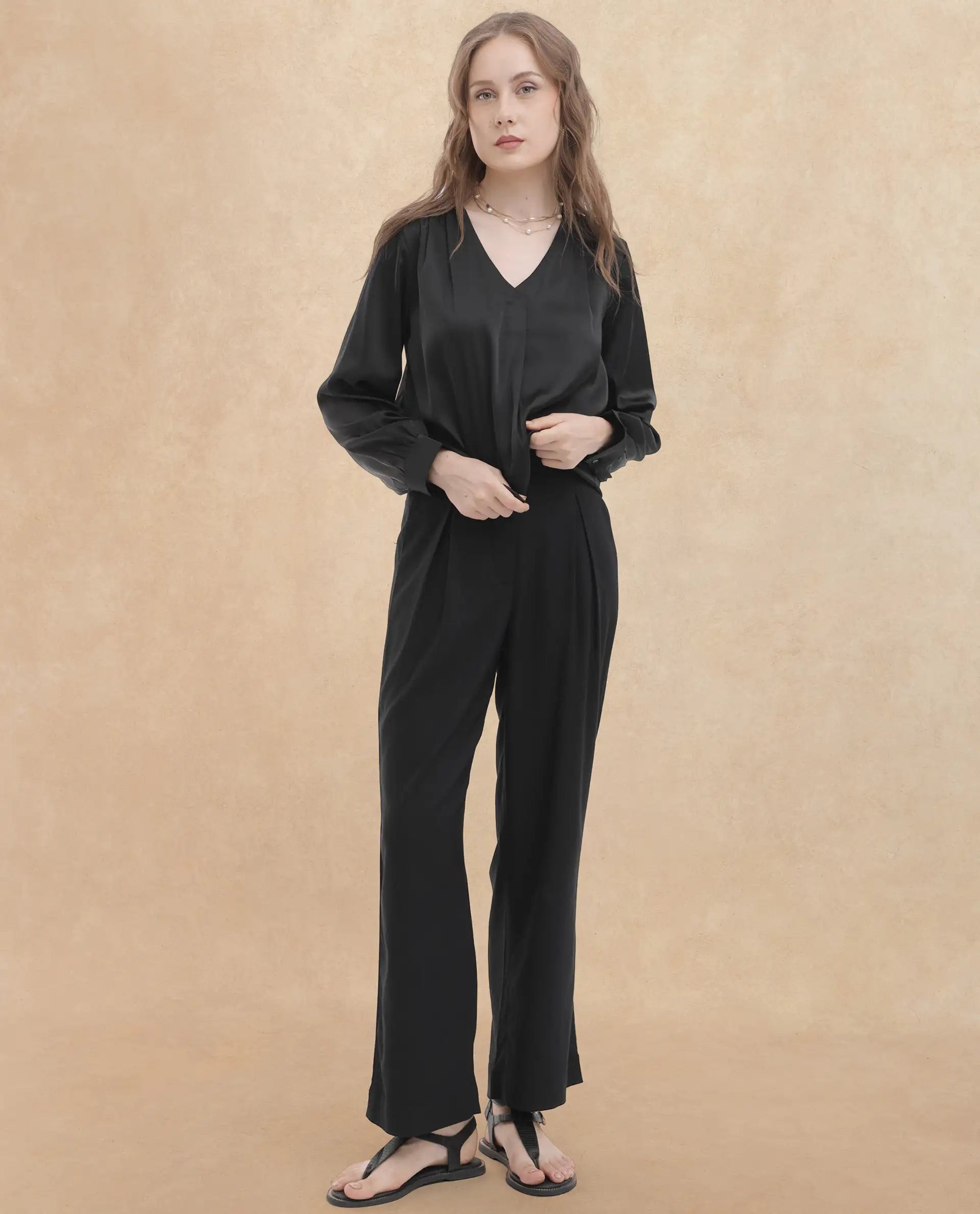 Rareism Women Lohan Black Polyester Fabric Full Sleeve V-Neck Solid Regular Length Top