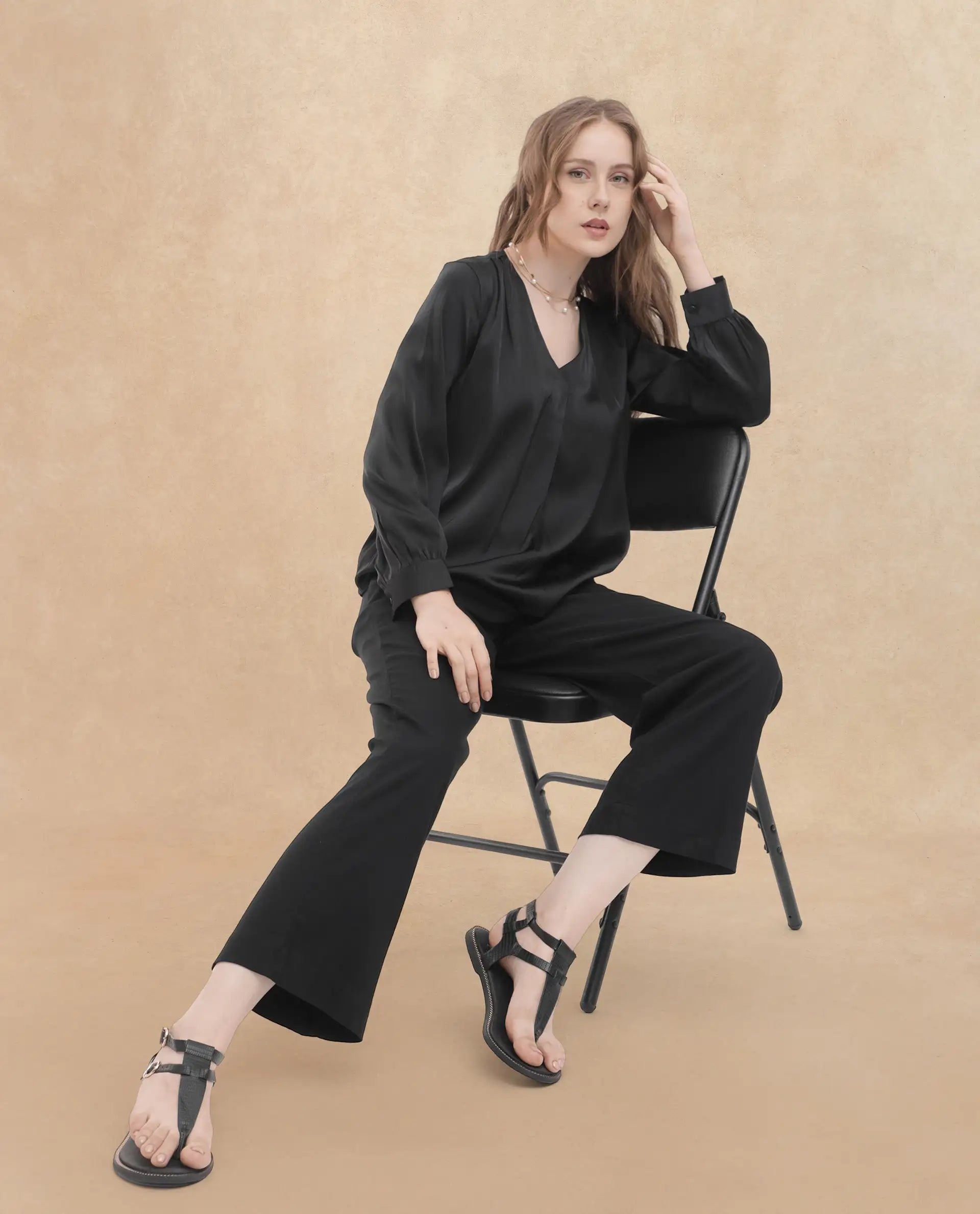 Rareism Women Lohan Black Polyester Fabric Full Sleeve V-Neck Solid Regular Length Top