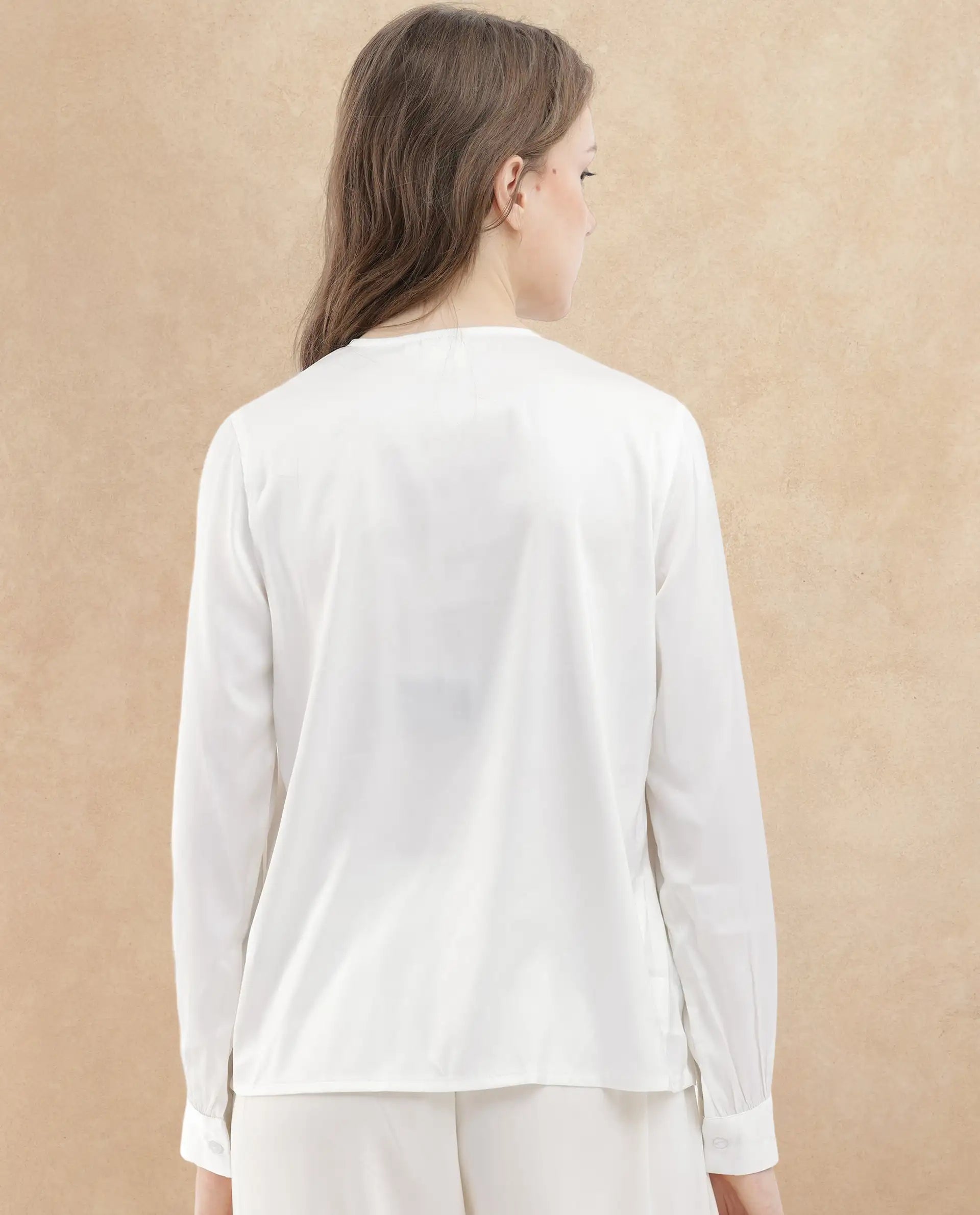 Rareism Women Lohan White Polyester Fabric Full Sleeves V-Neck Cuffed Sleeve Regular Fit Plain Top