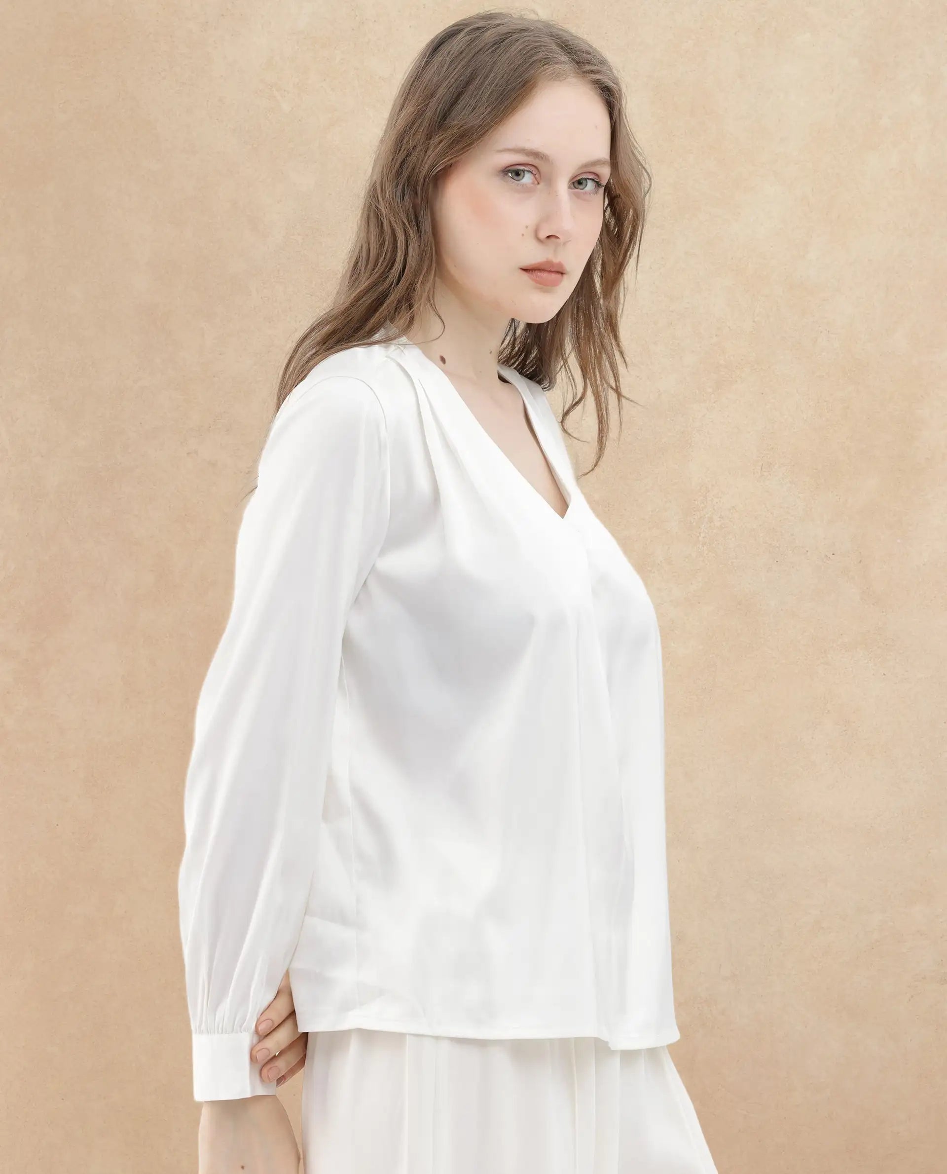 Rareism Women Lohan White Polyester Fabric Full Sleeves V-Neck Cuffed Sleeve Regular Fit Plain Top