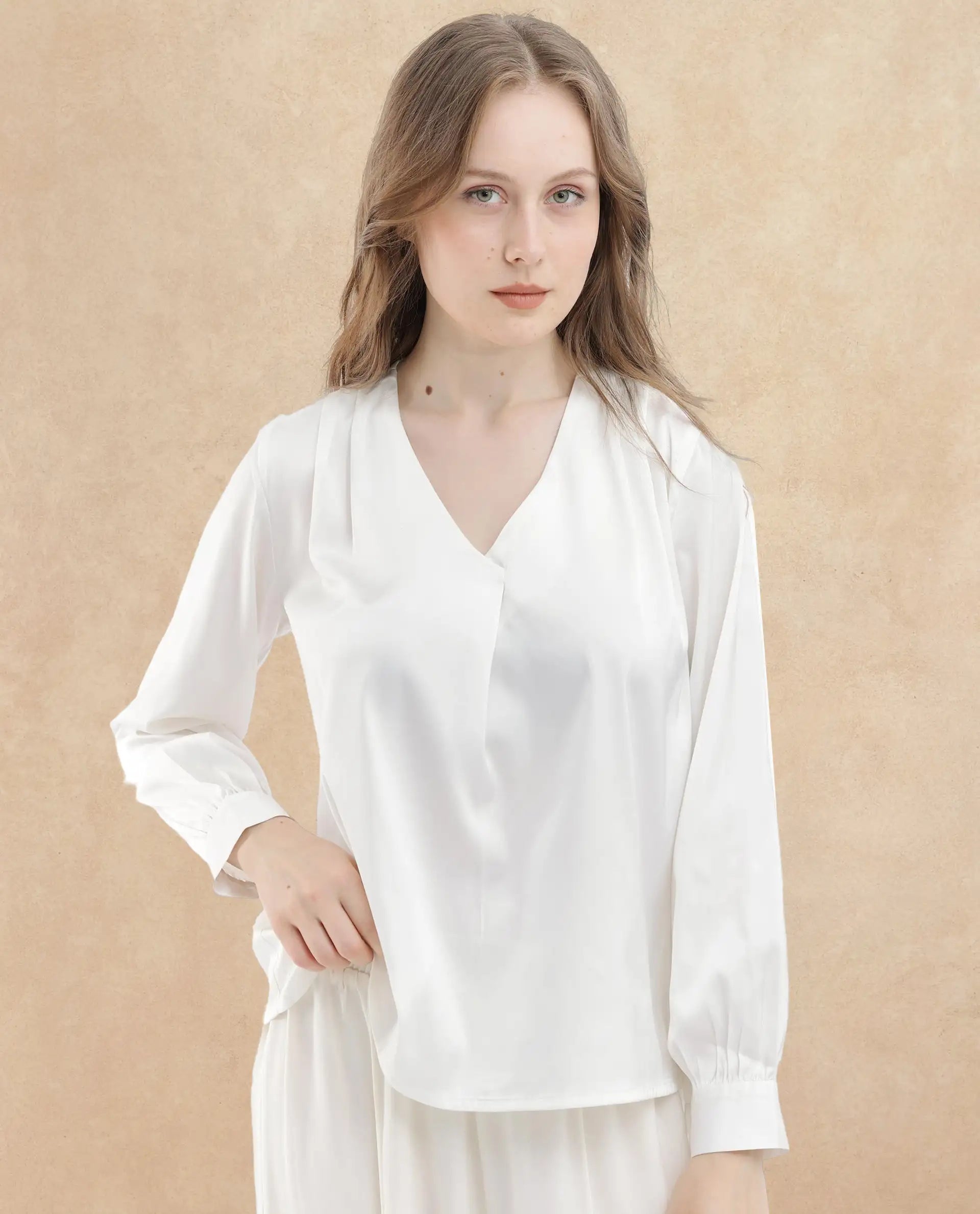 Rareism Women Lohan White Polyester Fabric Full Sleeves V-Neck Cuffed Sleeve Regular Fit Plain Top