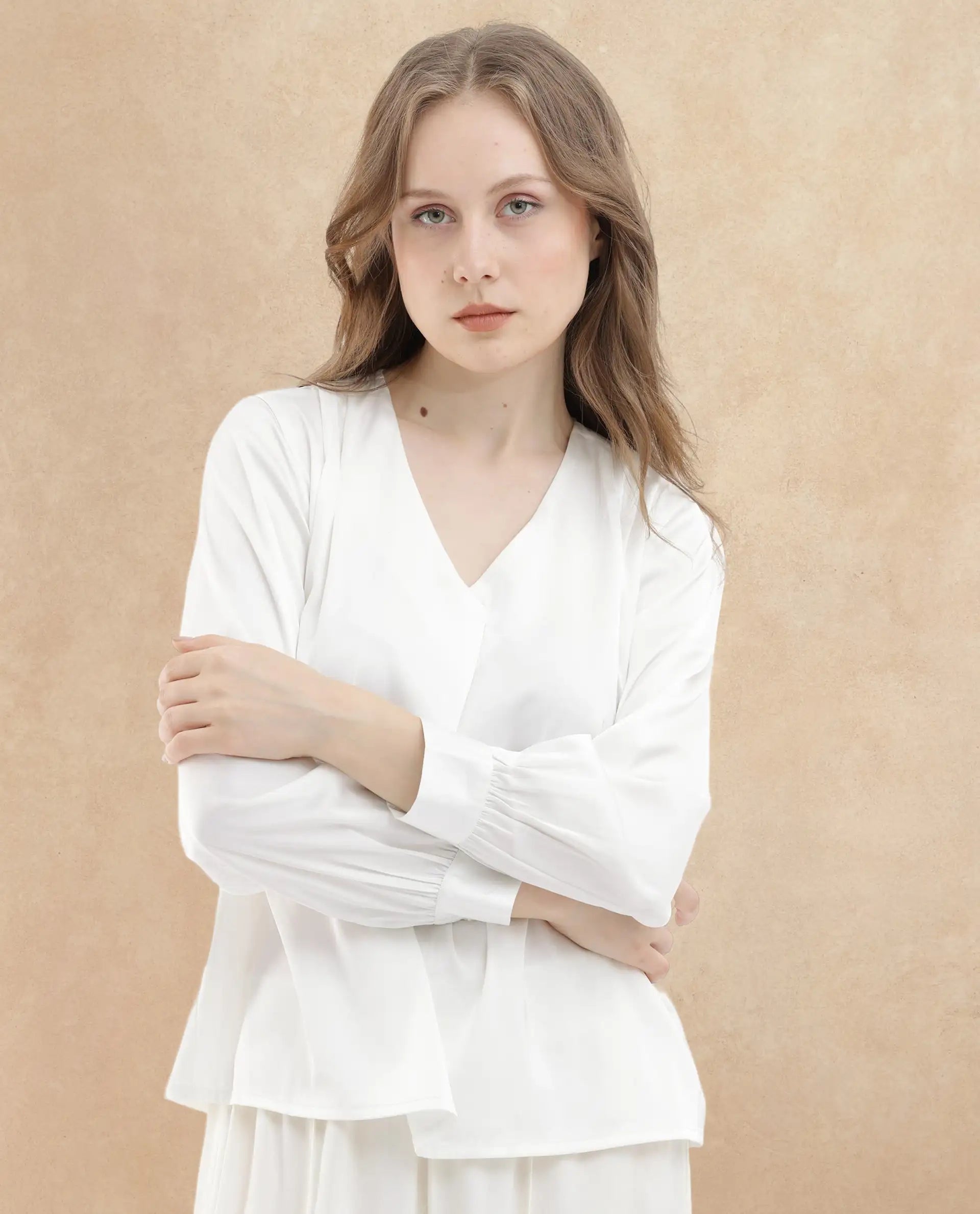 Rareism Women Lohan White Polyester Fabric Full Sleeves V-Neck Cuffed Sleeve Regular Fit Plain Top