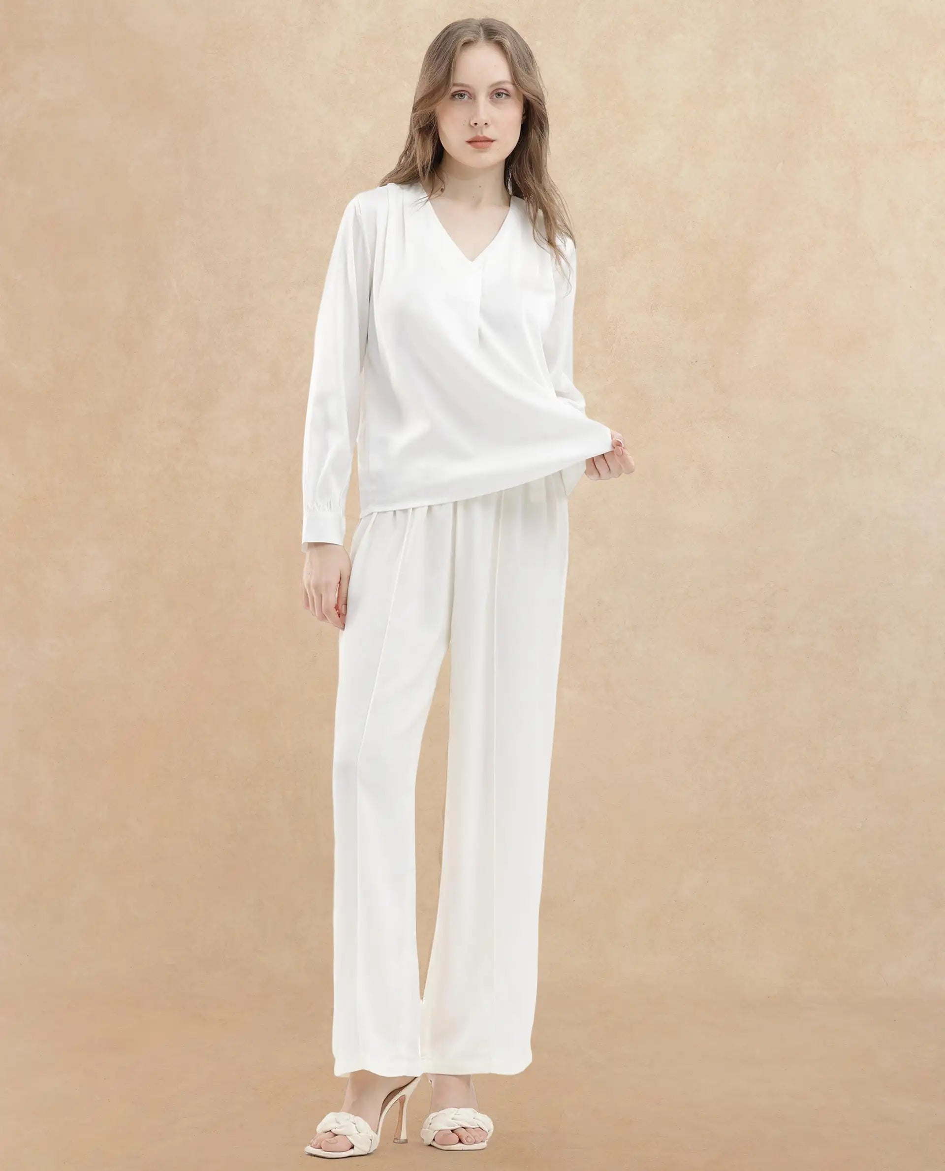 Rareism Women Lohan White Polyester Fabric Full Sleeves V-Neck Cuffed Sleeve Regular Fit Plain Top