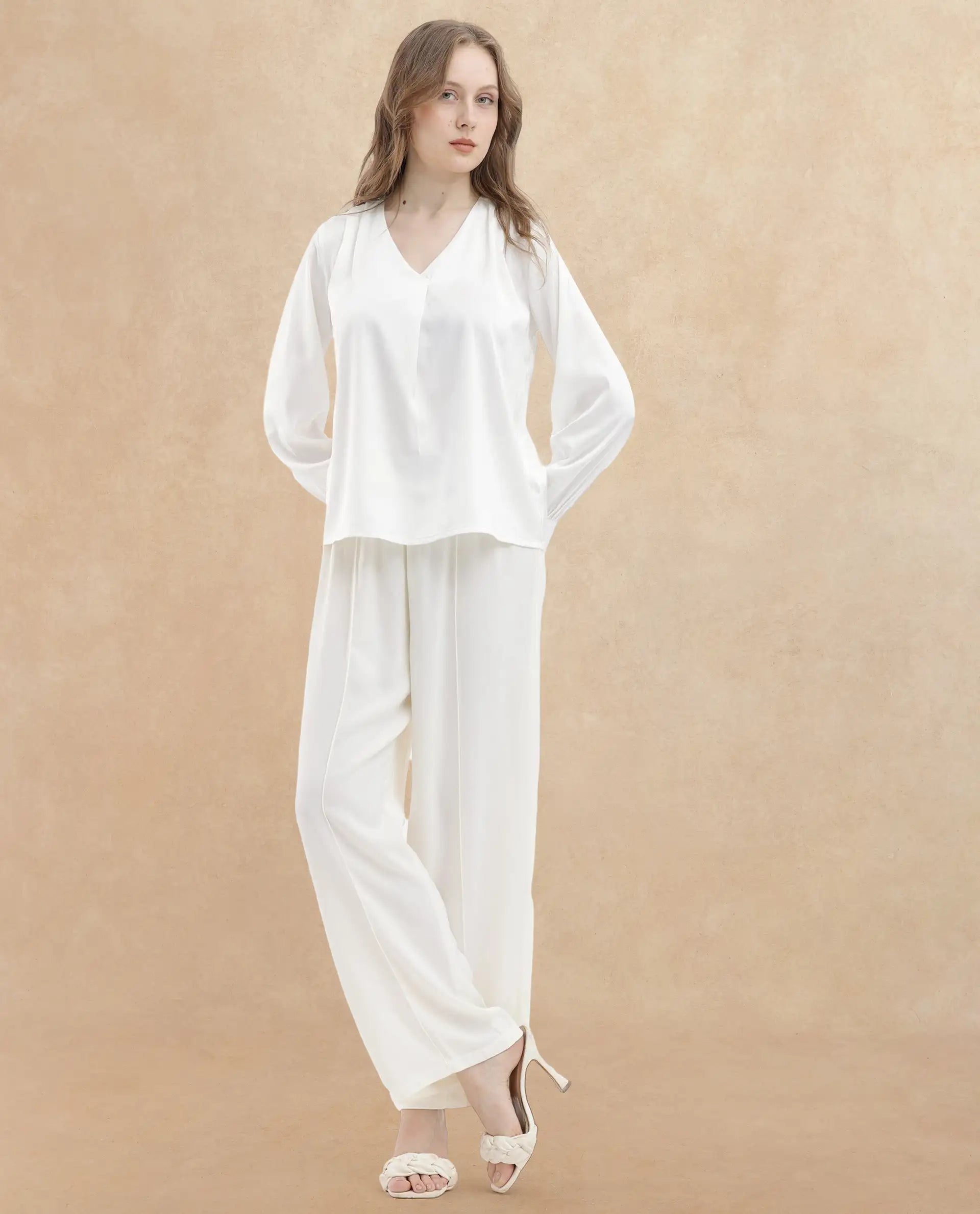 Rareism Women Lohan White Polyester Fabric Full Sleeves V-Neck Cuffed Sleeve Regular Fit Plain Top