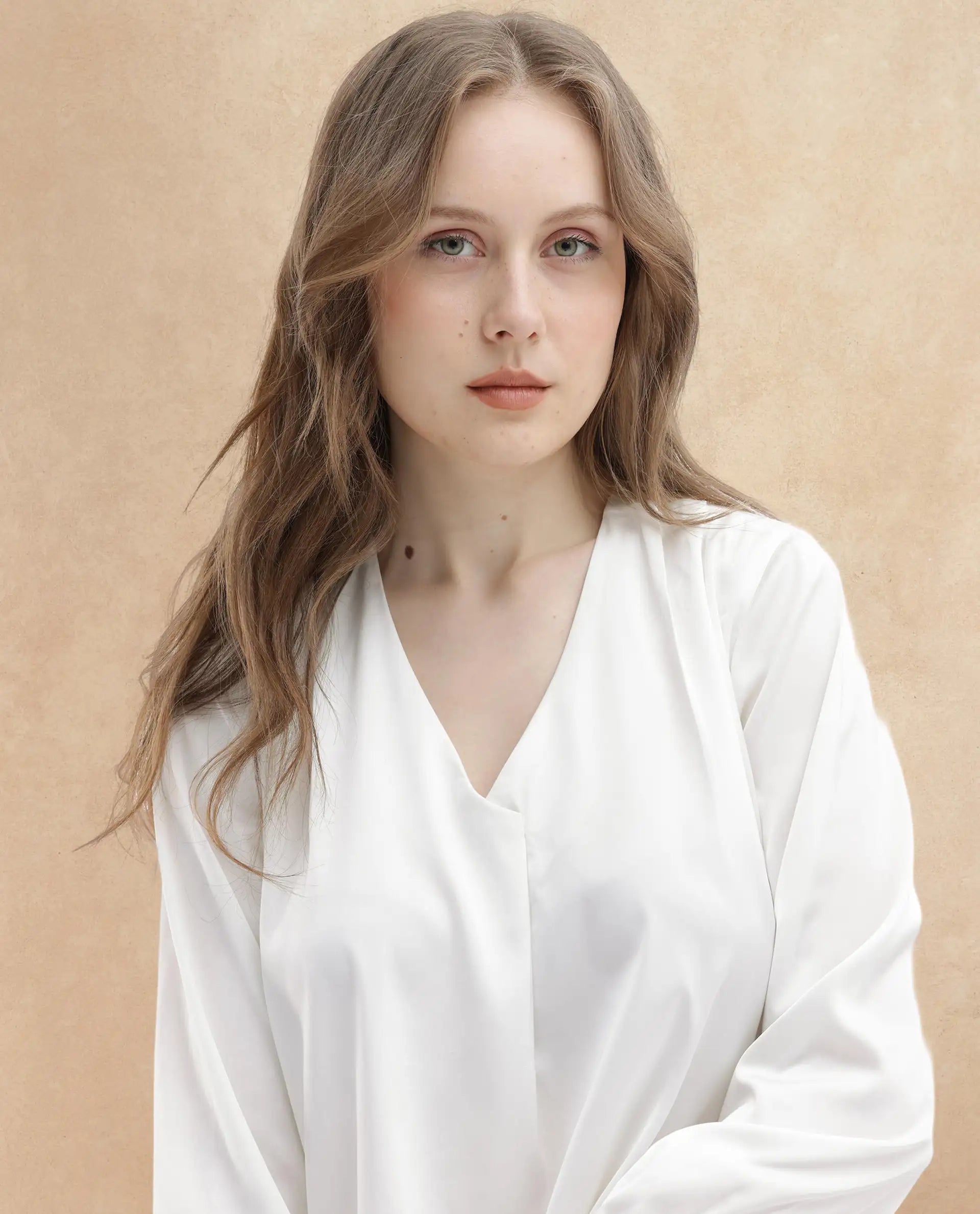 Rareism Women Lohan White Polyester Fabric Full Sleeves V-Neck Cuffed Sleeve Regular Fit Plain Top