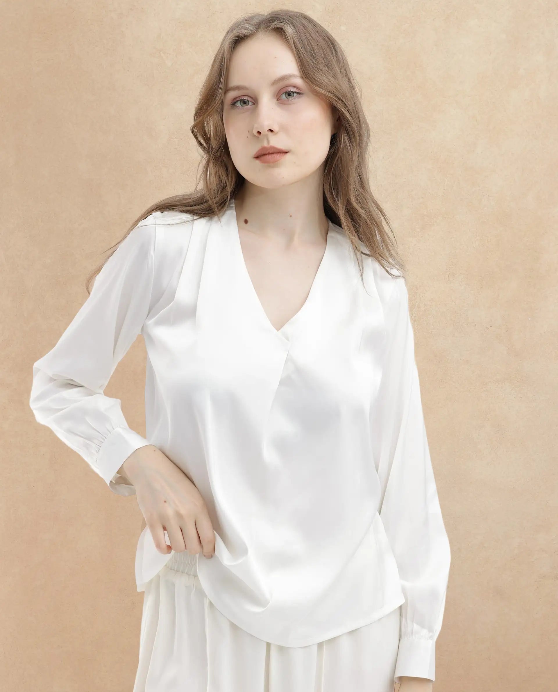 Rareism Women Lohan White Polyester Fabric Full Sleeves V-Neck Cuffed Sleeve Regular Fit Plain Top