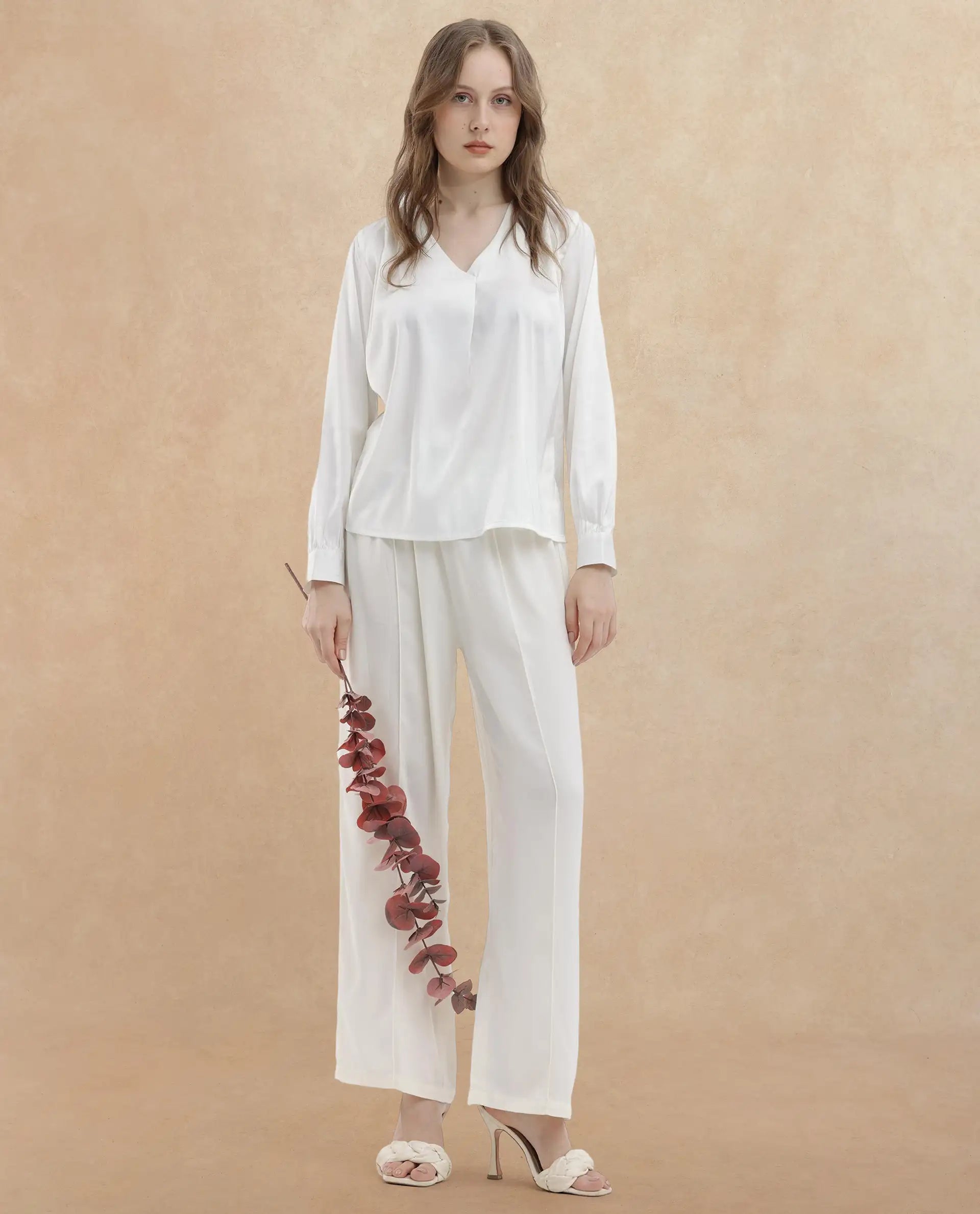 Rareism Women Lohan White Polyester Fabric Full Sleeves V-Neck Cuffed Sleeve Regular Fit Plain Top