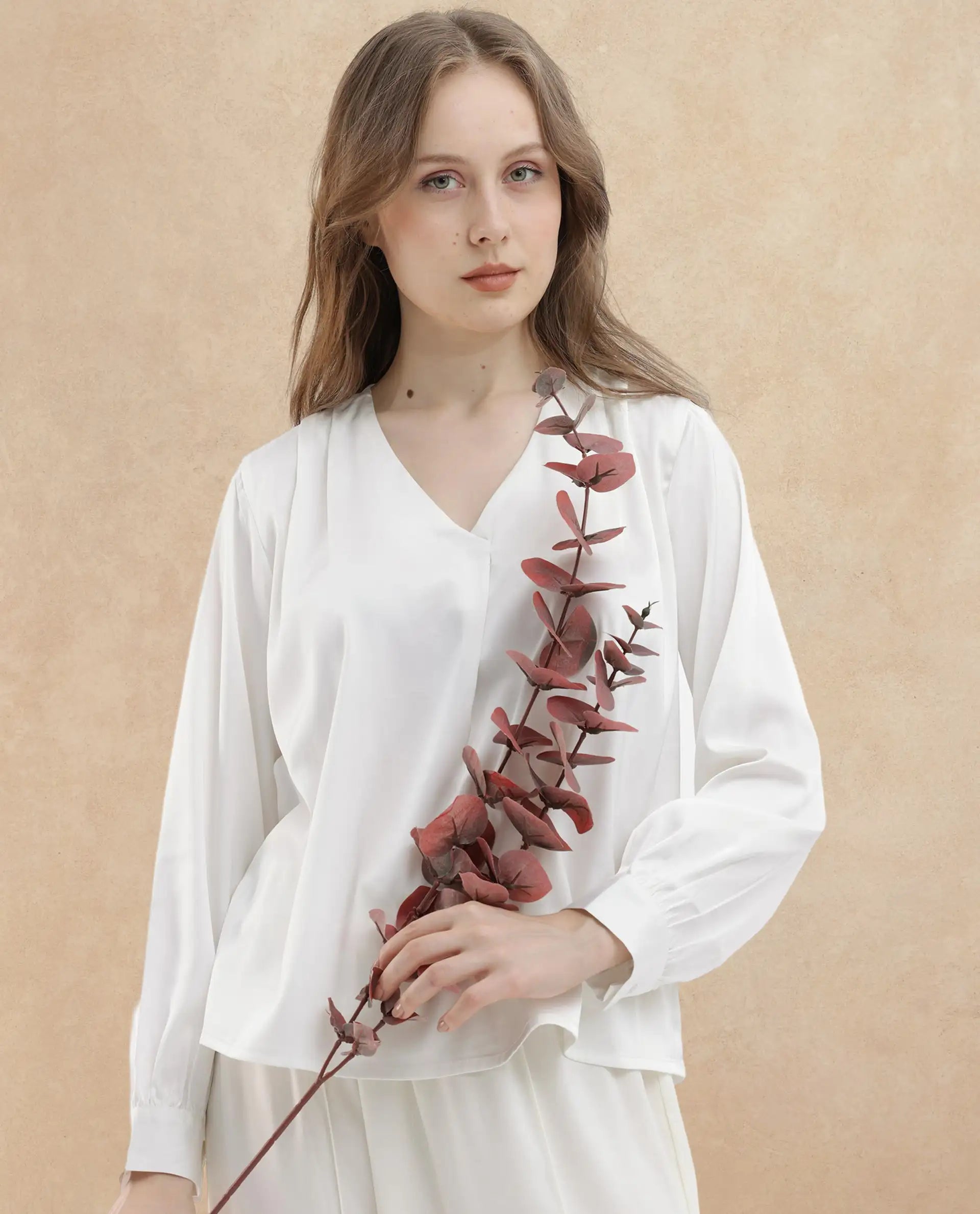 Rareism Women Lohan White Polyester Fabric Full Sleeves V-Neck Cuffed Sleeve Regular Fit Plain Top