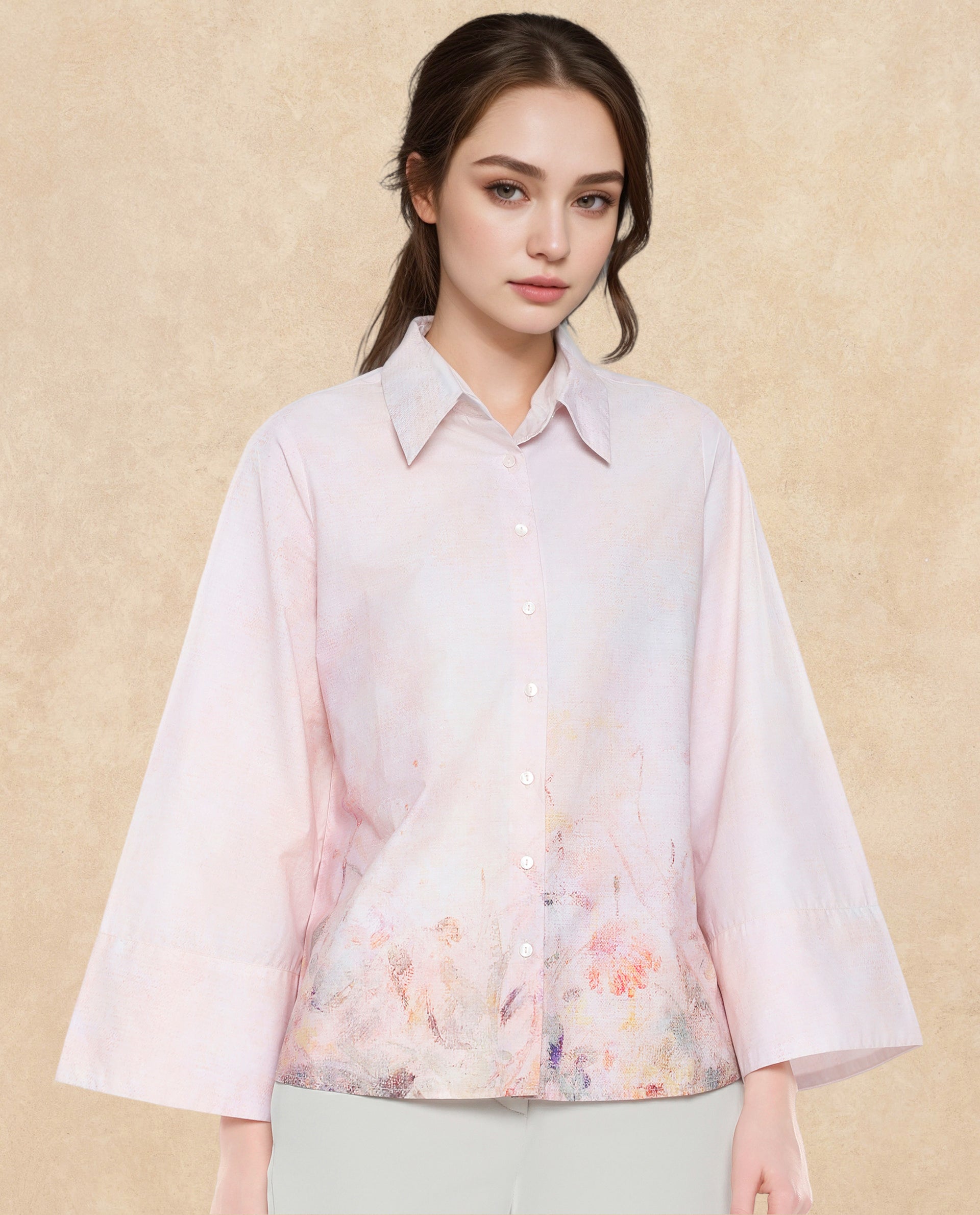 Rareism Women Loko Pink Bell Sleeves Collared Neck Button Closure Floral Print Top