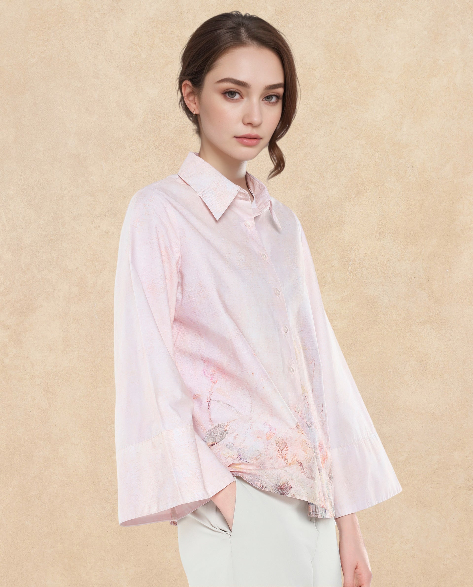 Rareism Women Loko Pink Bell Sleeves Collared Neck Button Closure Floral Print Top