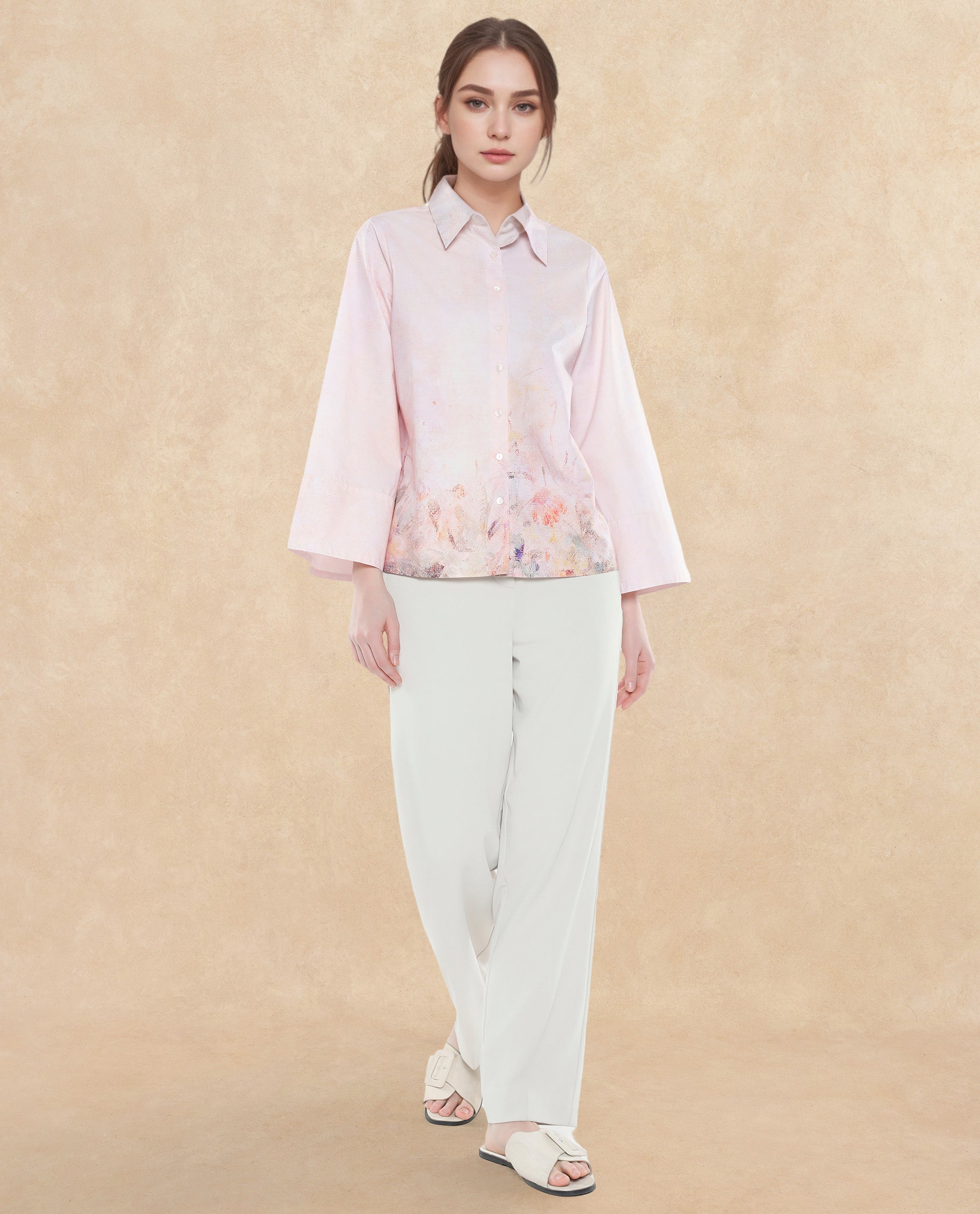 Rareism Women Loko Pink Bell Sleeves Collared Neck Button Closure Floral Print Top