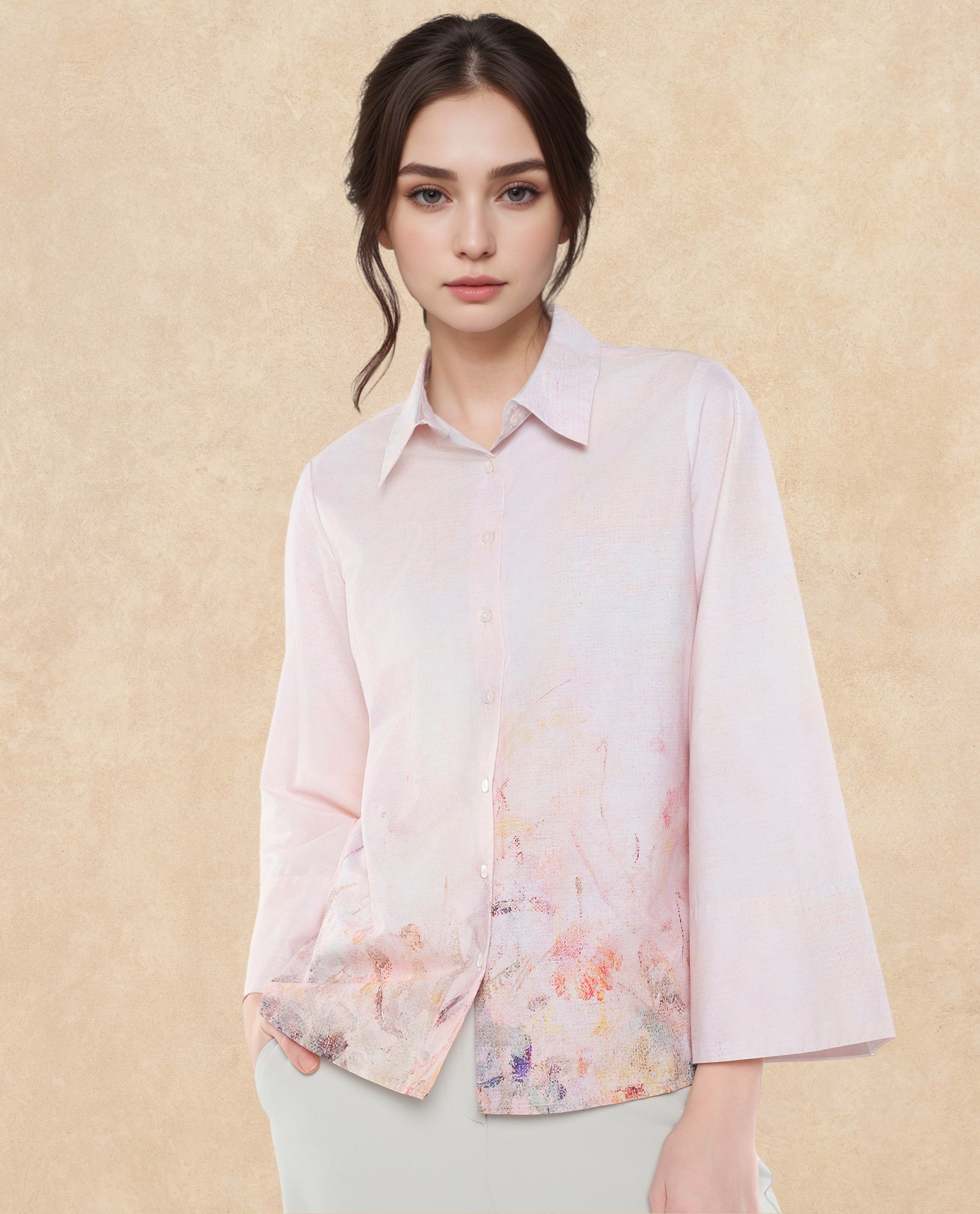 Rareism Women Loko Pink Bell Sleeves Collared Neck Button Closure Floral Print Top