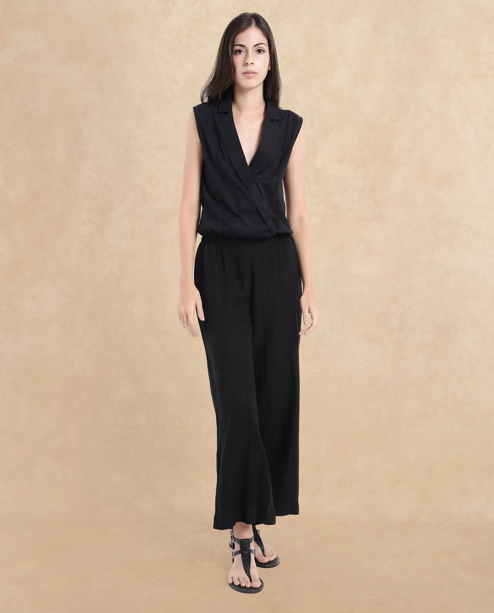 Rareism Women Lolia Black Sleeveless Lapel Neck Plain Top