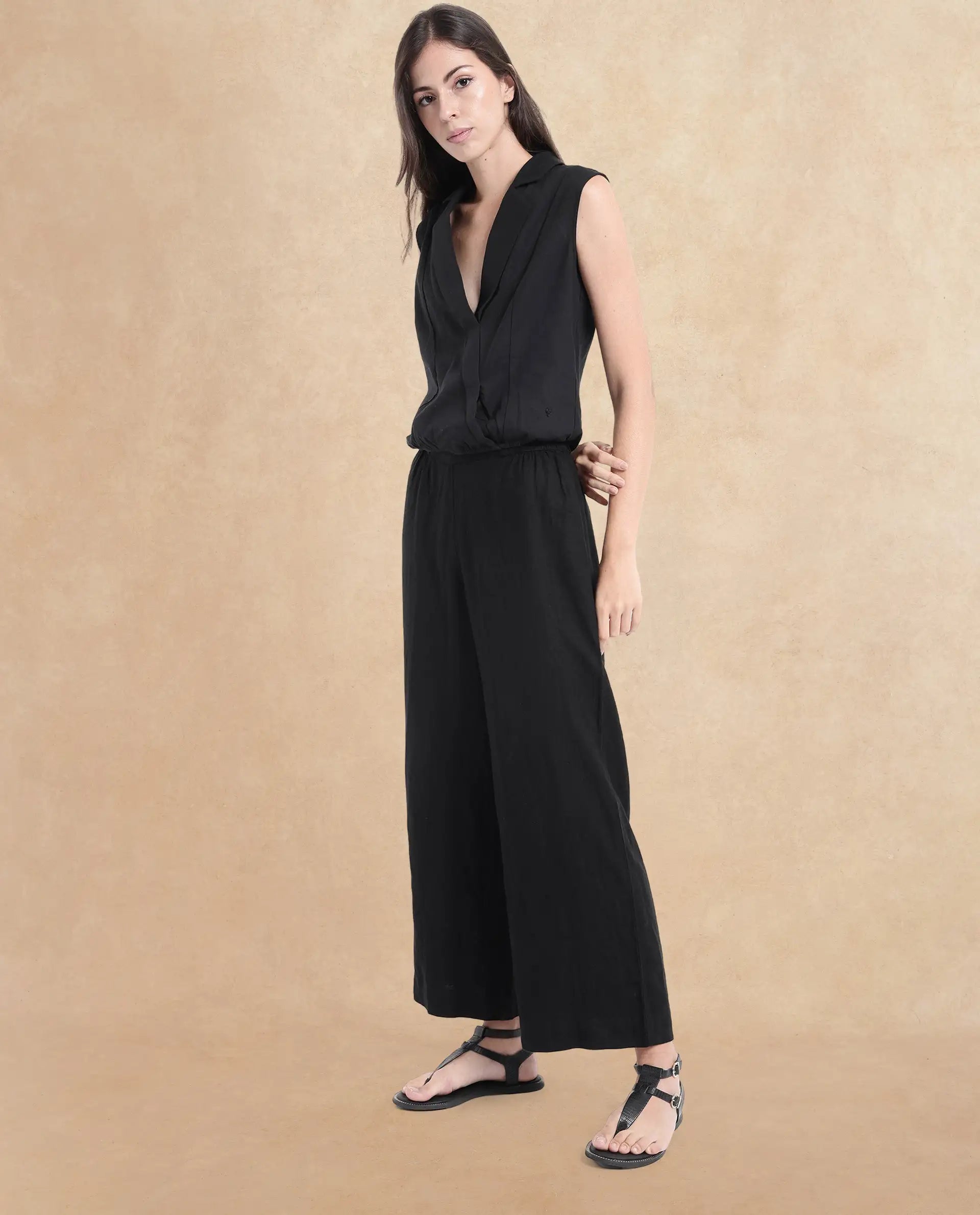 Rareism Women Lolia Black Sleeveless Lapel Neck Plain Top