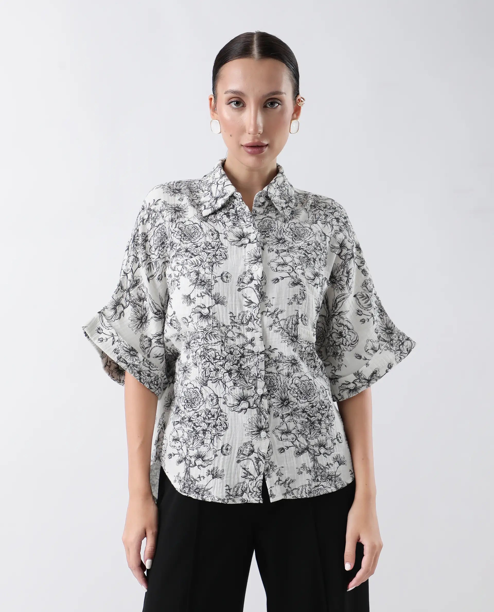 Rareism Women Loraine Off White Cotton Fabric Short Sleeve Collared Neck Floral Print Regular Length Top
