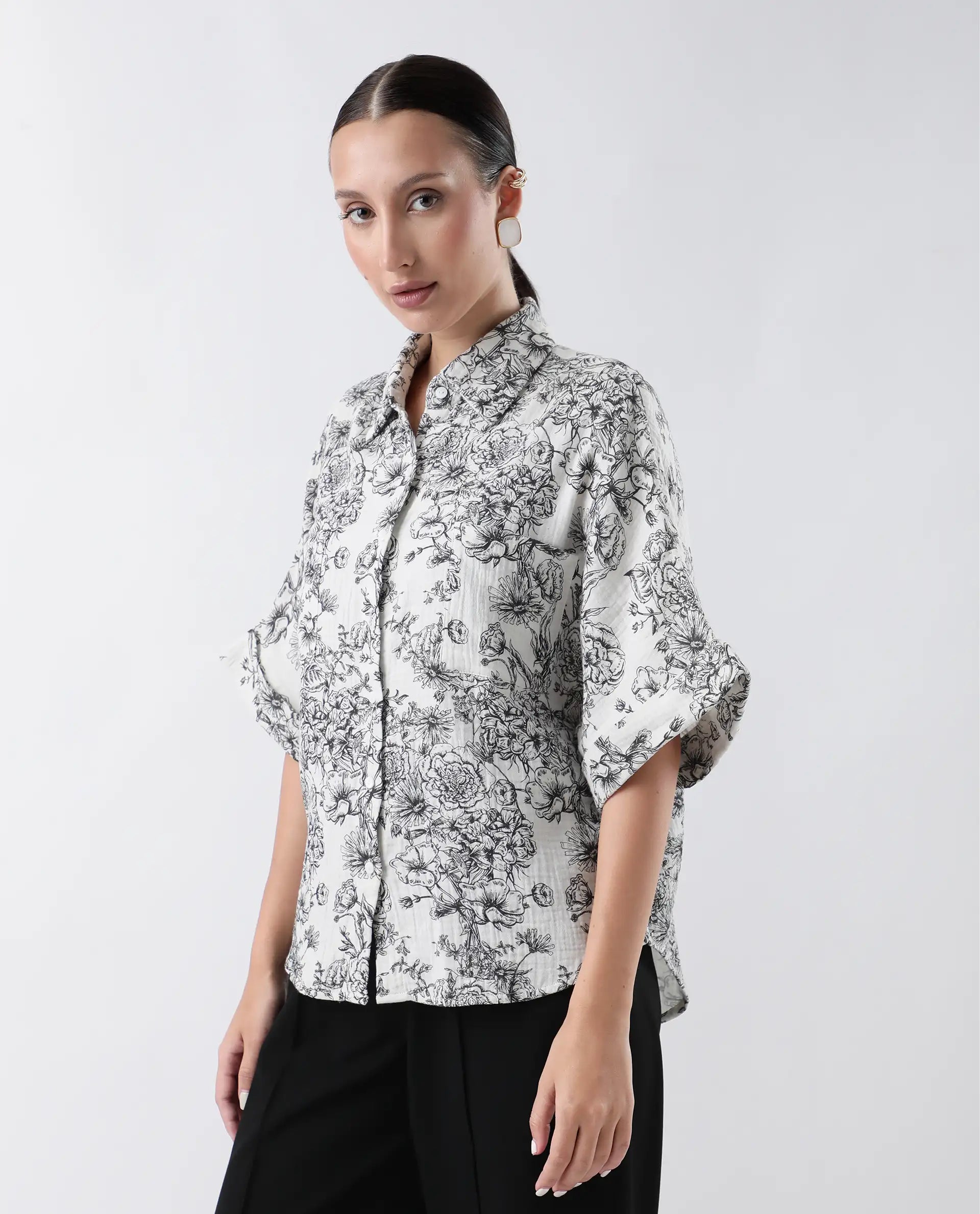 Rareism Women Loraine Off White Cotton Fabric Short Sleeve Collared Neck Floral Print Regular Length Top