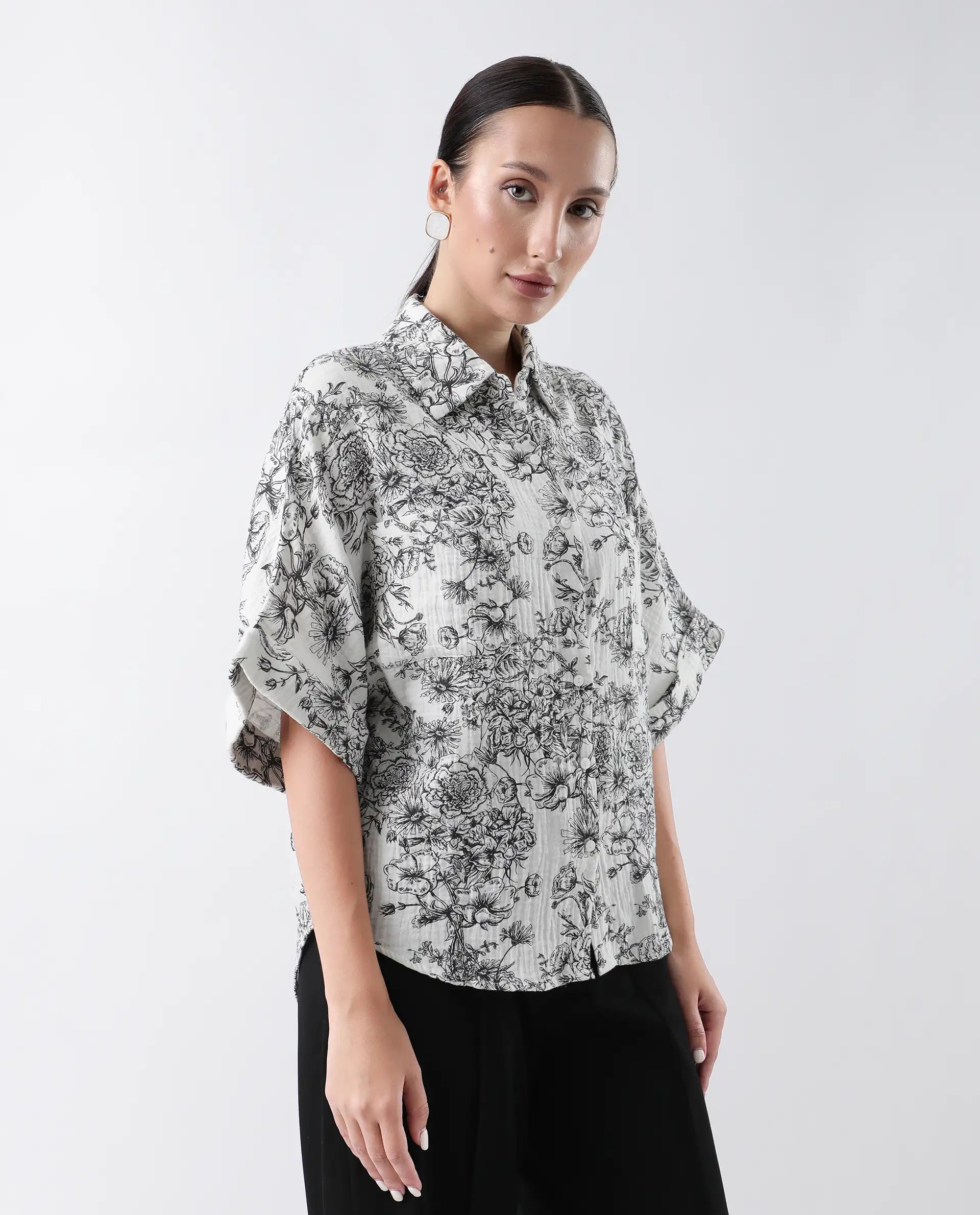 Rareism Women Loraine Off White Cotton Fabric Short Sleeve Collared Neck Floral Print Regular Length Top
