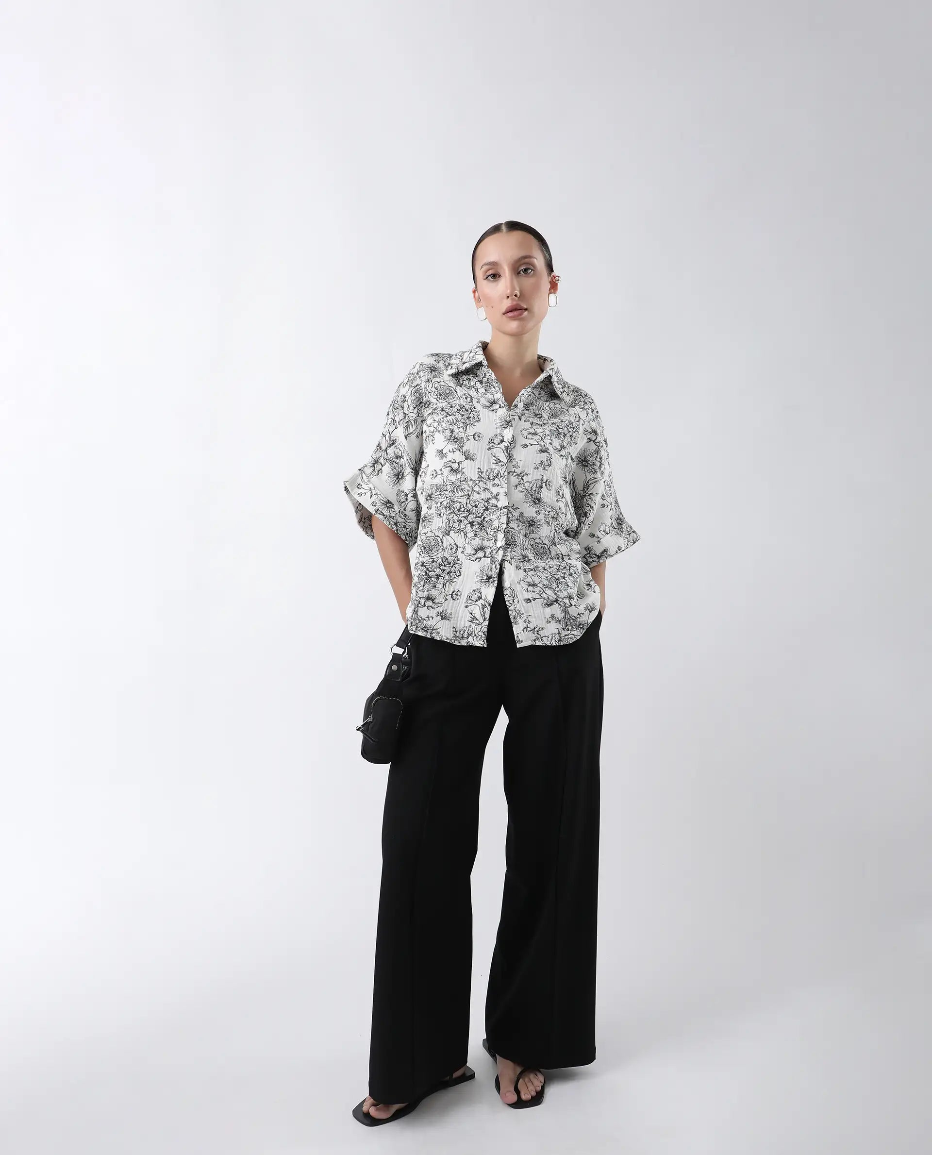 Rareism Women Loraine Off White Cotton Fabric Short Sleeve Collared Neck Floral Print Regular Length Top