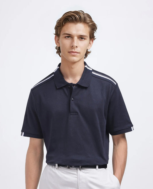 Rare Rabbit Men Loui Black Cotton Fabric Striped Short Sleeve and Collar Neck Plain Polo