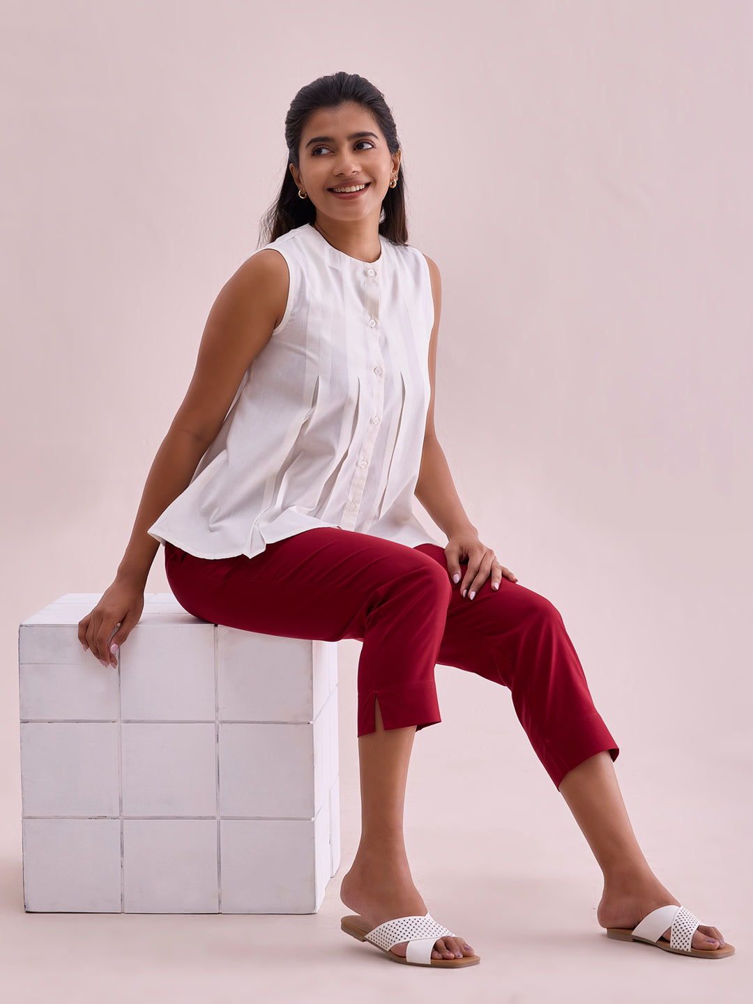 Maroon Cotton Cropped Pencil Pant