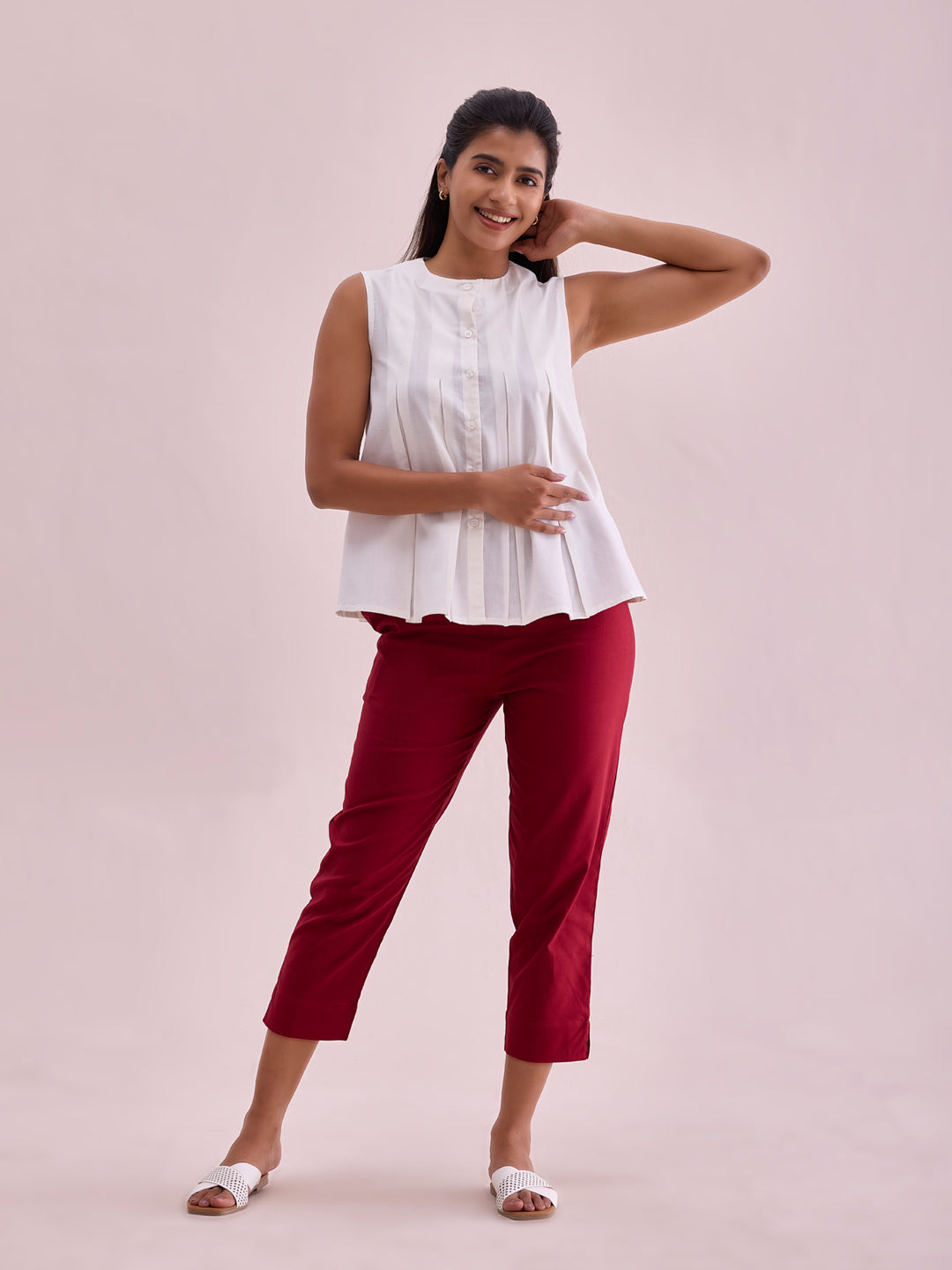Maroon Cotton Cropped Pencil Pant