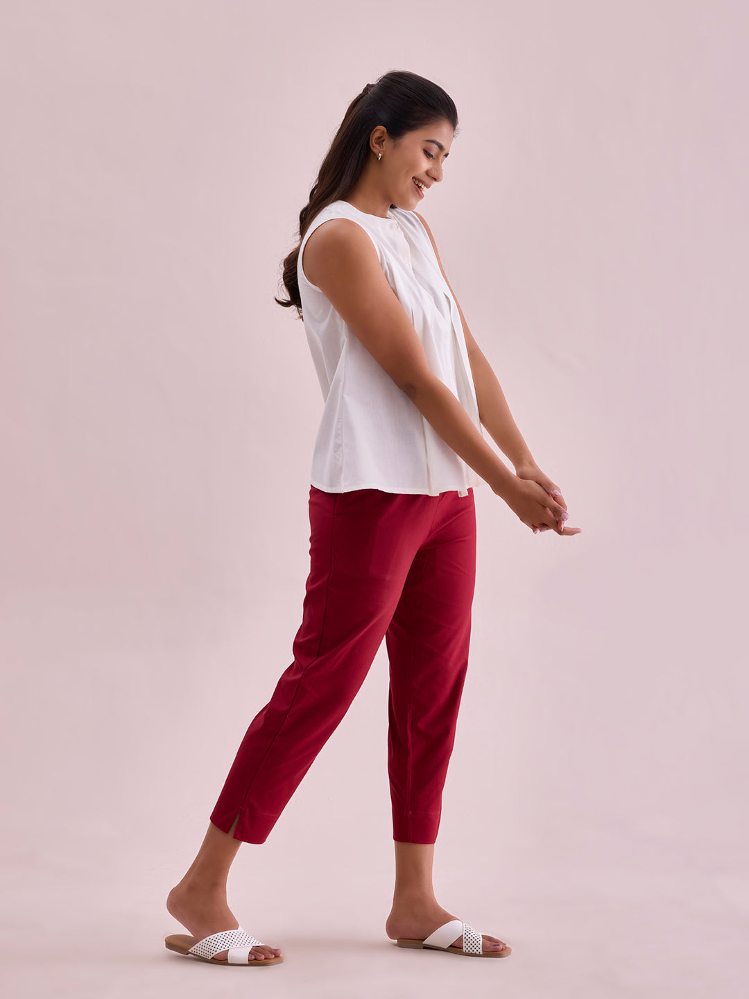 Maroon Cotton Cropped Pencil Pant