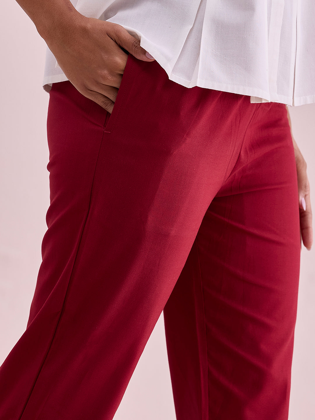 Maroon Cotton Cropped Pencil Pant