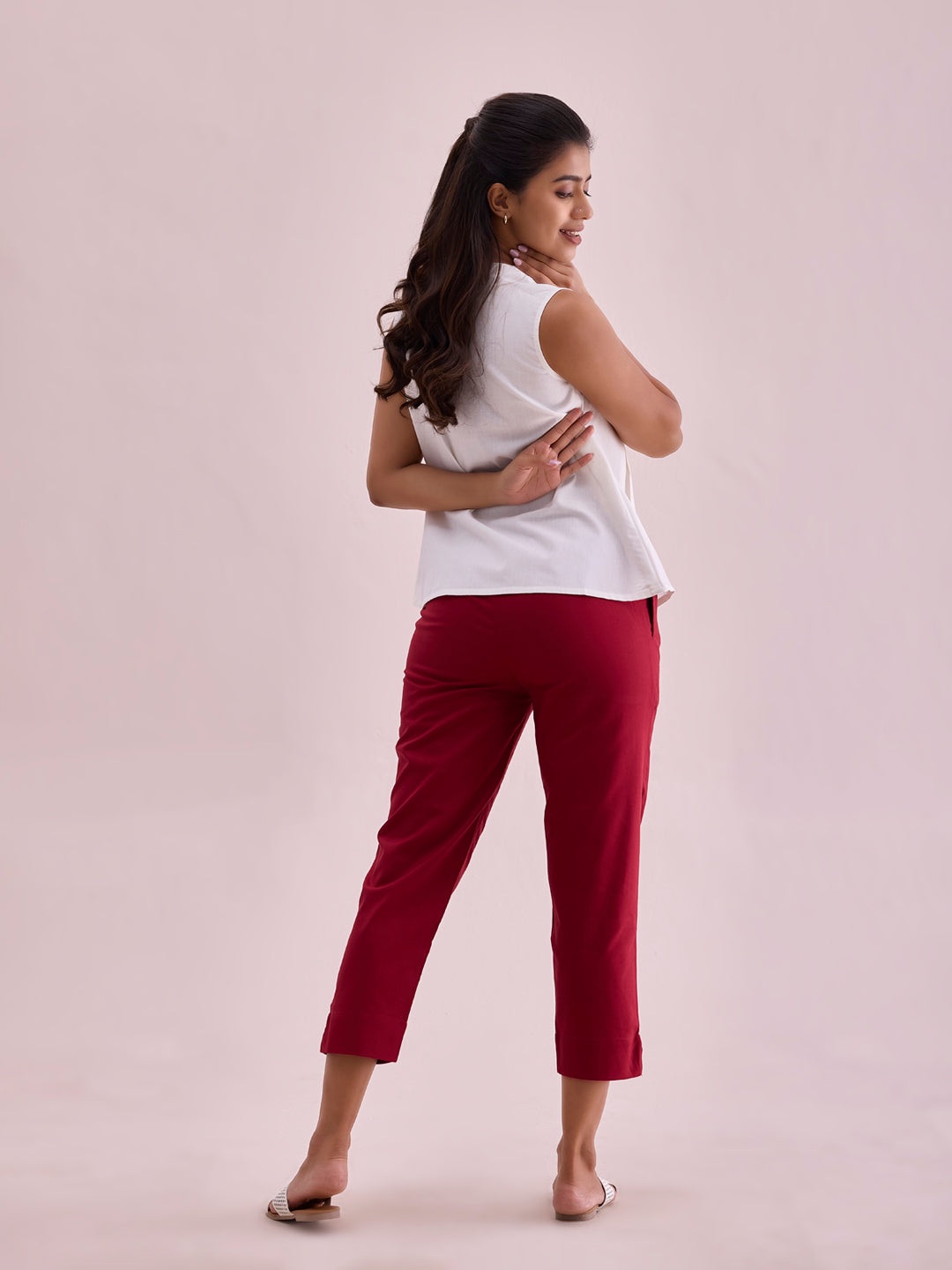 Maroon Cotton Cropped Pencil Pant