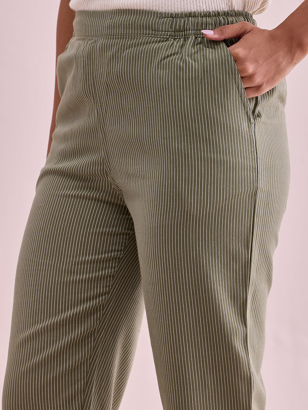 Olive Cotton Stripe Pencil Pants