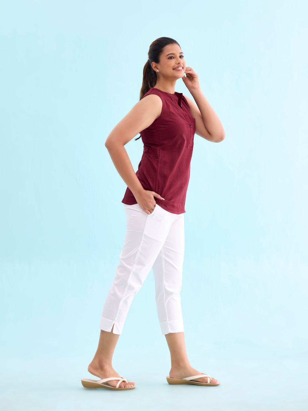 White Cotton Cropped Pencil Pant