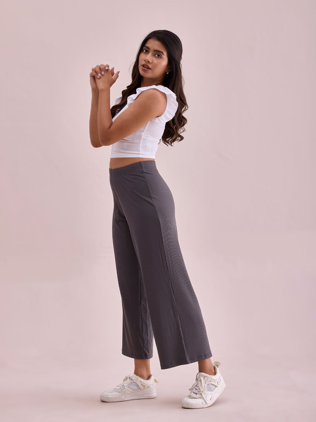 Silver Grey Drop Needle Fabric Rib Palazzo